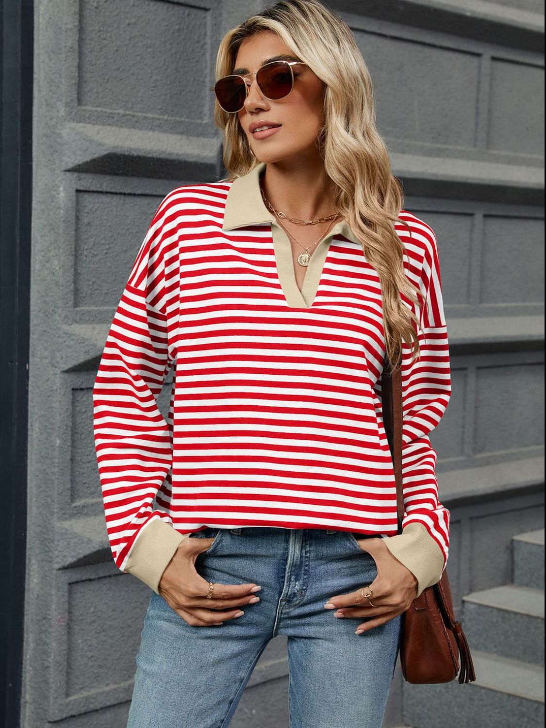 Striped Johnny Collar Long Sleeve Sweatshirt-TOPS / DRESSES-[Adult]-[Female]-2022 Online Blue Zone Planet