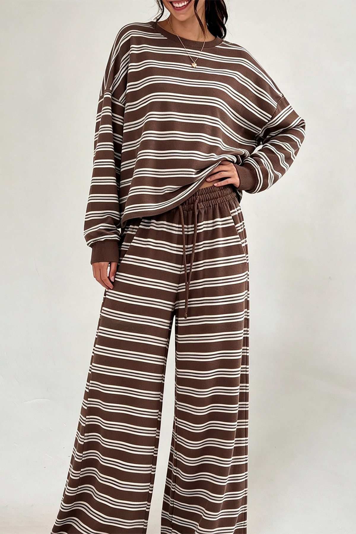 Brown Stripe Back Cutout Long Sleeve Top and Wide Leg Pants 2pcs Set-Two Piece Sets/Pant Sets-[Adult]-[Female]-2022 Online Blue Zone Planet