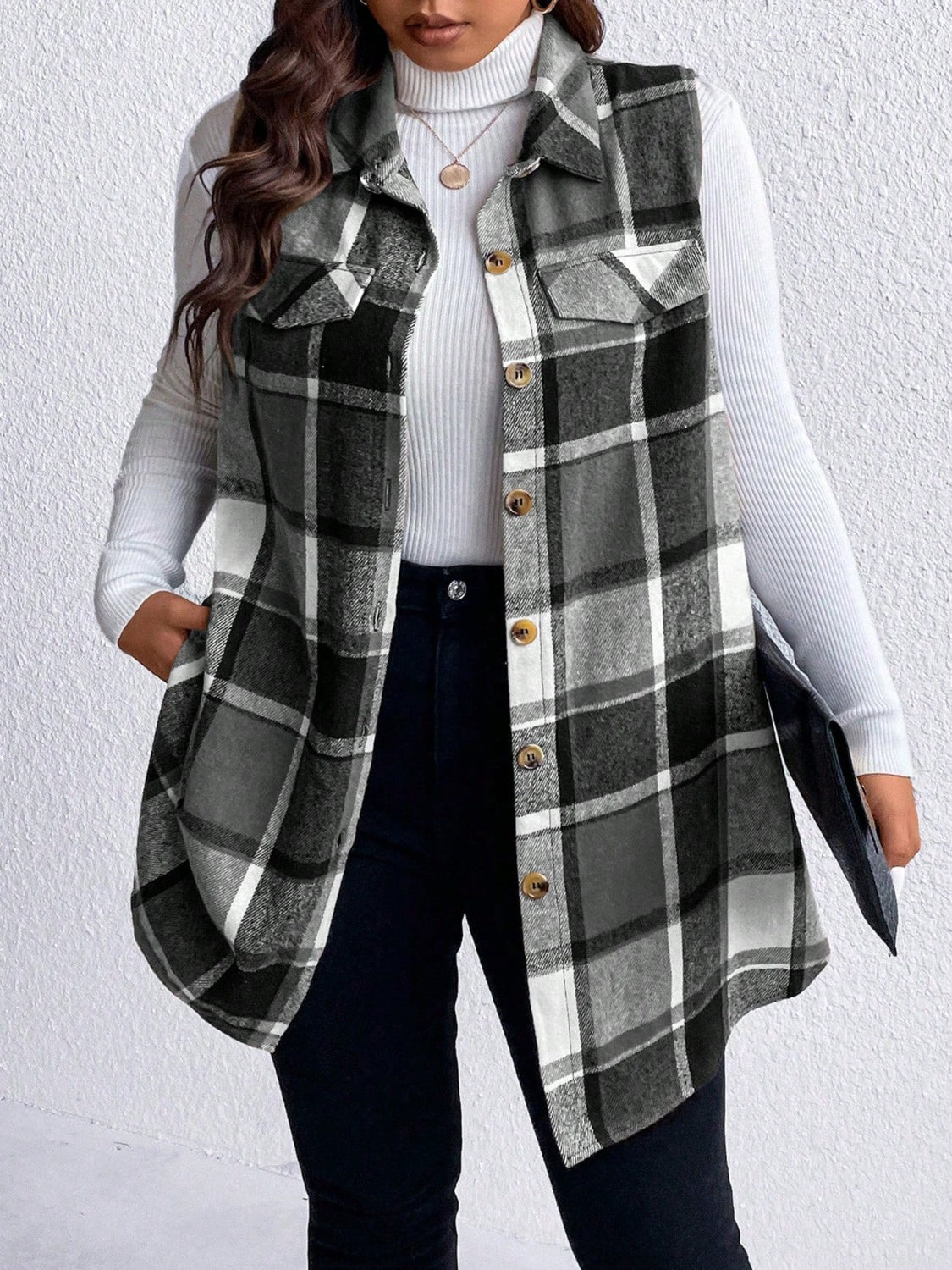 Honey Plus Size Pocketed Plaid Button Up Vest Coat-TOPS / DRESSES-[Adult]-[Female]-2022 Online Blue Zone Planet