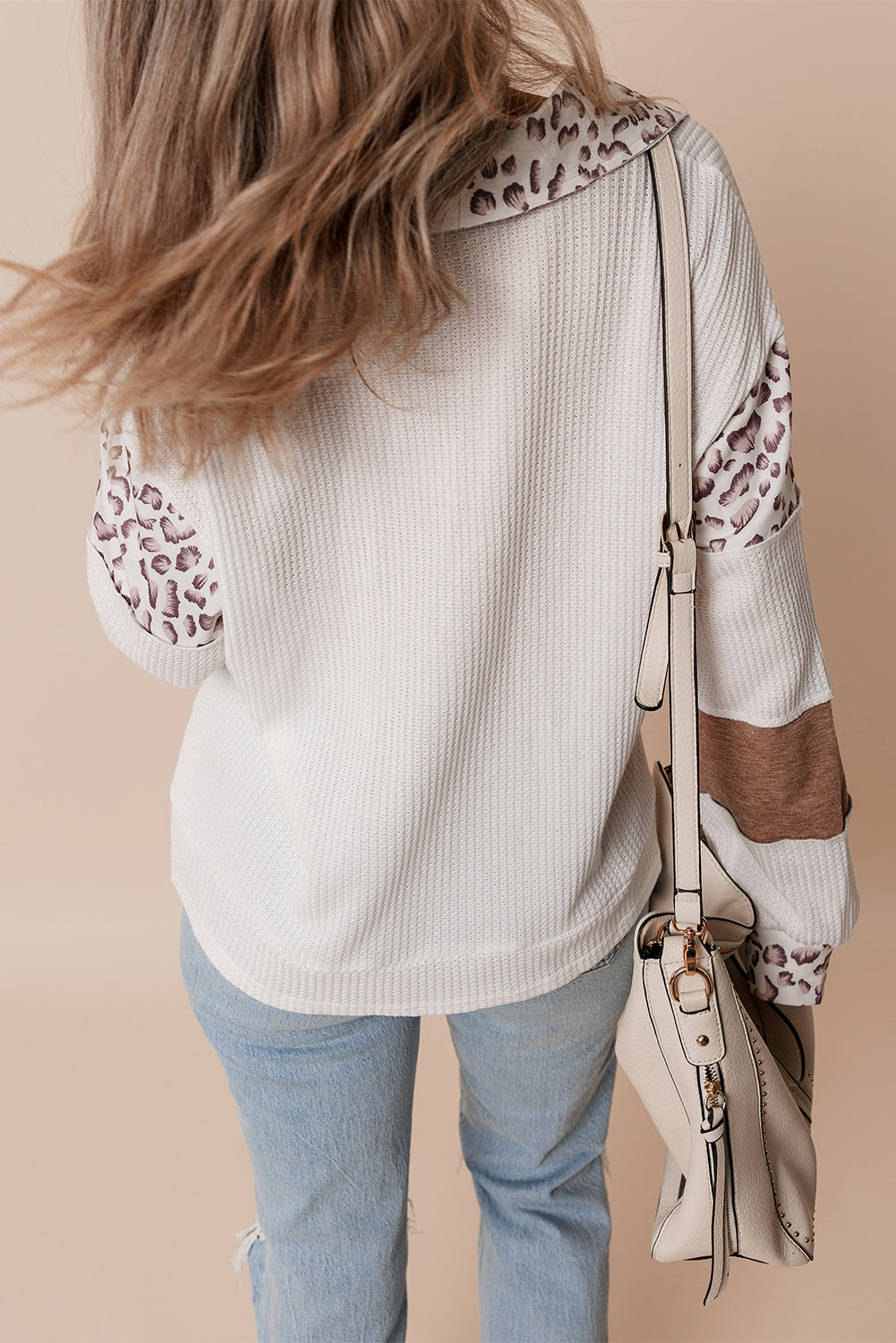 White game day Rugby Bow Embroidered Graphic Leopard Collar Color Block Patchwork Top-Graphic/Graphic Long Sleeve Tees-[Adult]-[Female]-2022 Online Blue Zone Planet