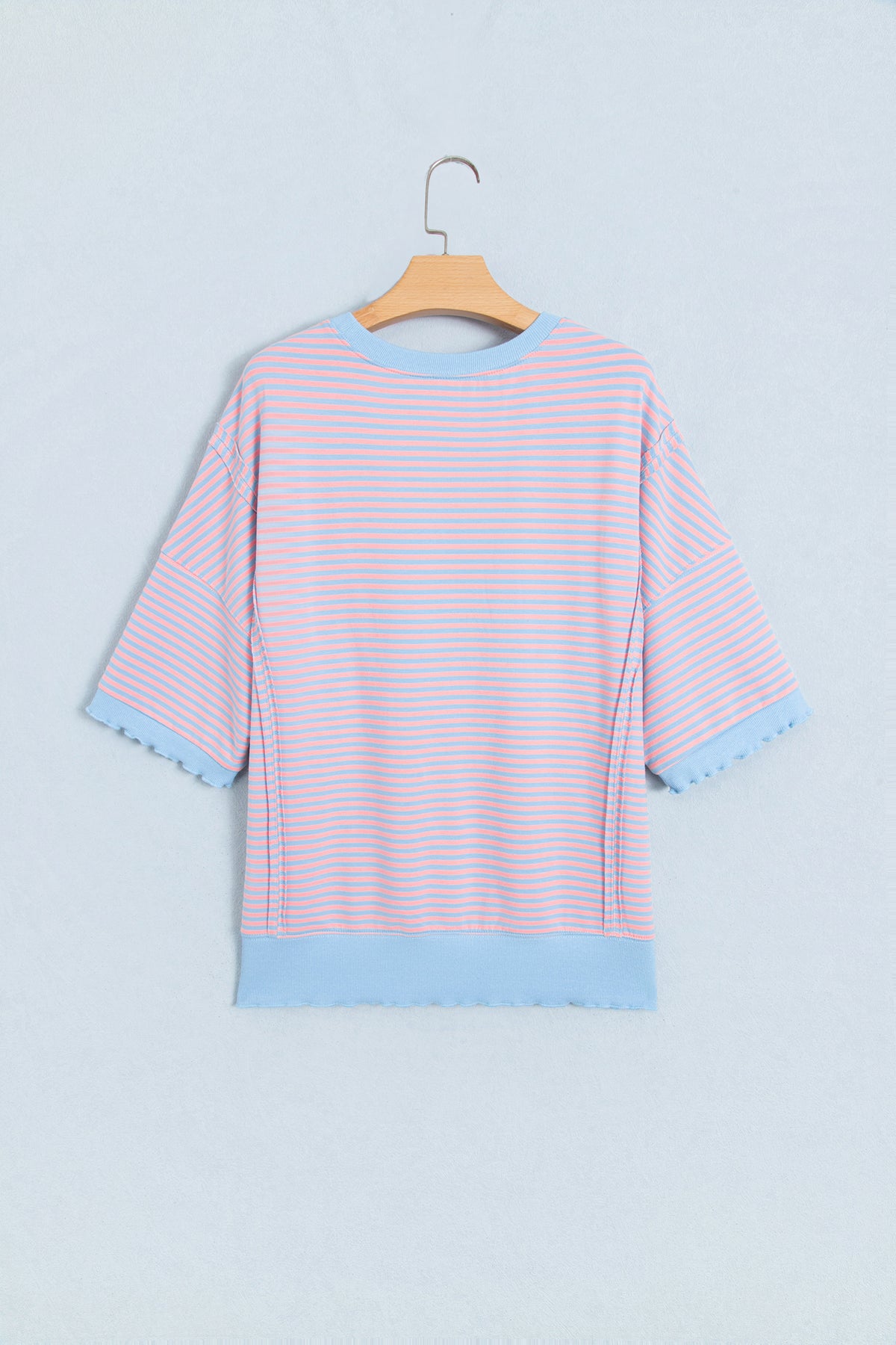 Sky Blue Stripe Colorblock Scalloped Trim Loose 3/4 Sleeve Top-Tops/Long Sleeve Tops-[Adult]-[Female]-2022 Online Blue Zone Planet