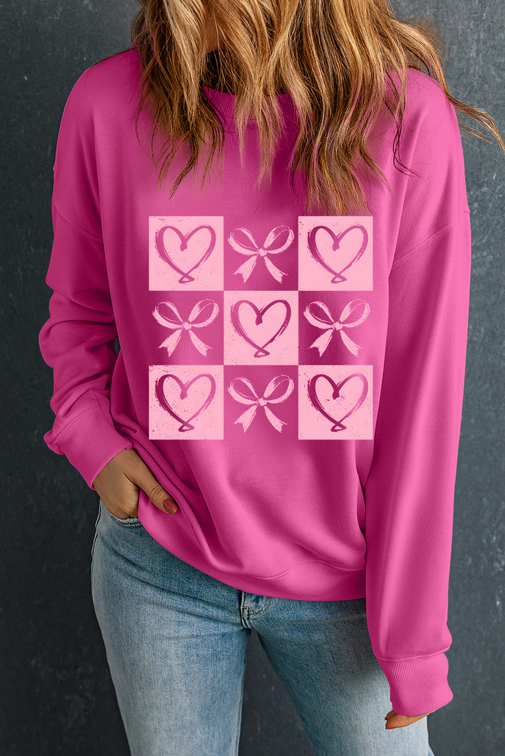 Bonbon Heart Shape Bow Checker Graphic Valentine Drop Shoulder Sweatshirt-Graphic Sweatshirts-[Adult]-[Female]-2022 Online Blue Zone Planet