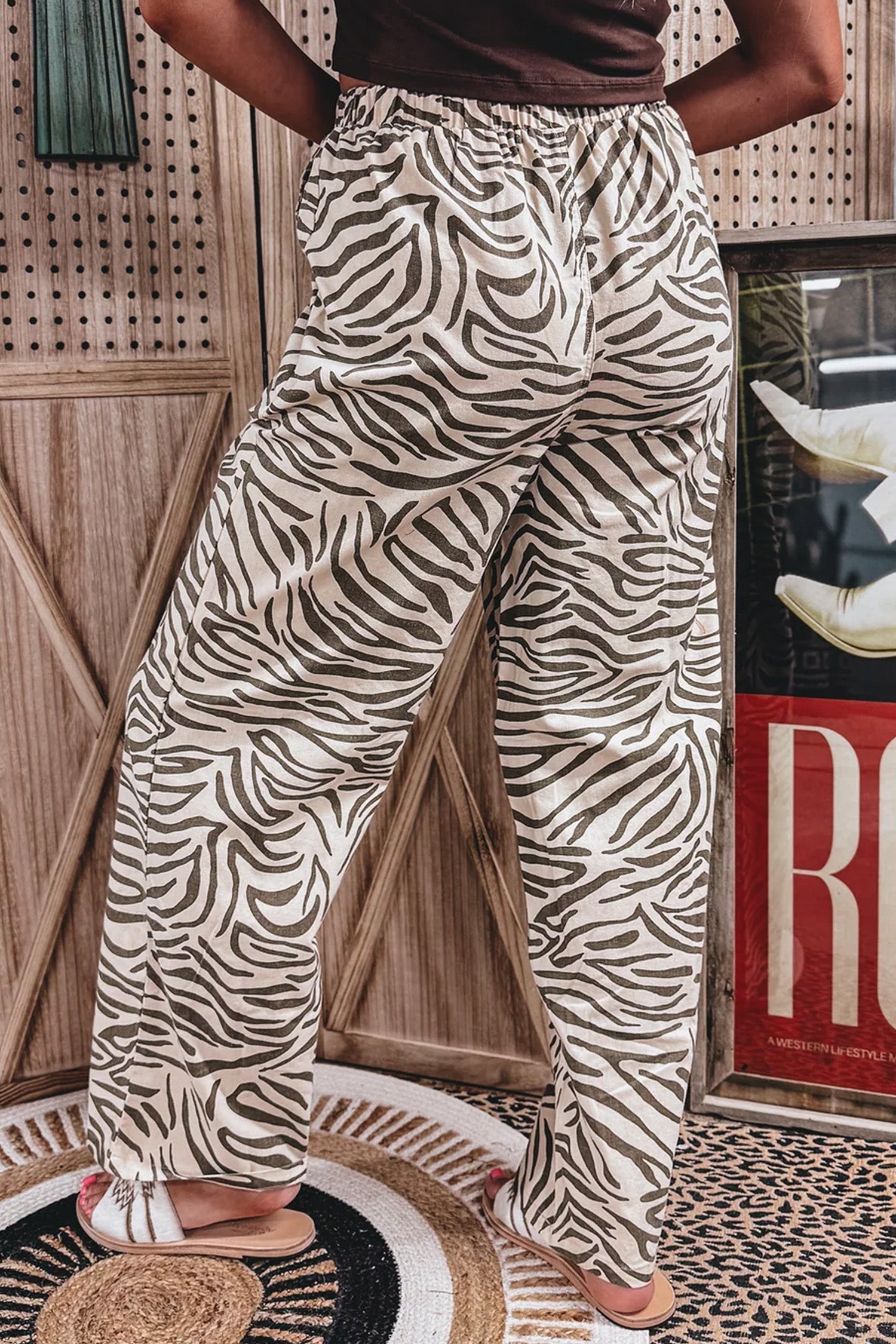 Multicolour Western Print Zebra Pattern Elastic Waist Pocket Full-Length Pants-Bottoms/Pants & Culotte-[Adult]-[Female]-2022 Online Blue Zone Planet