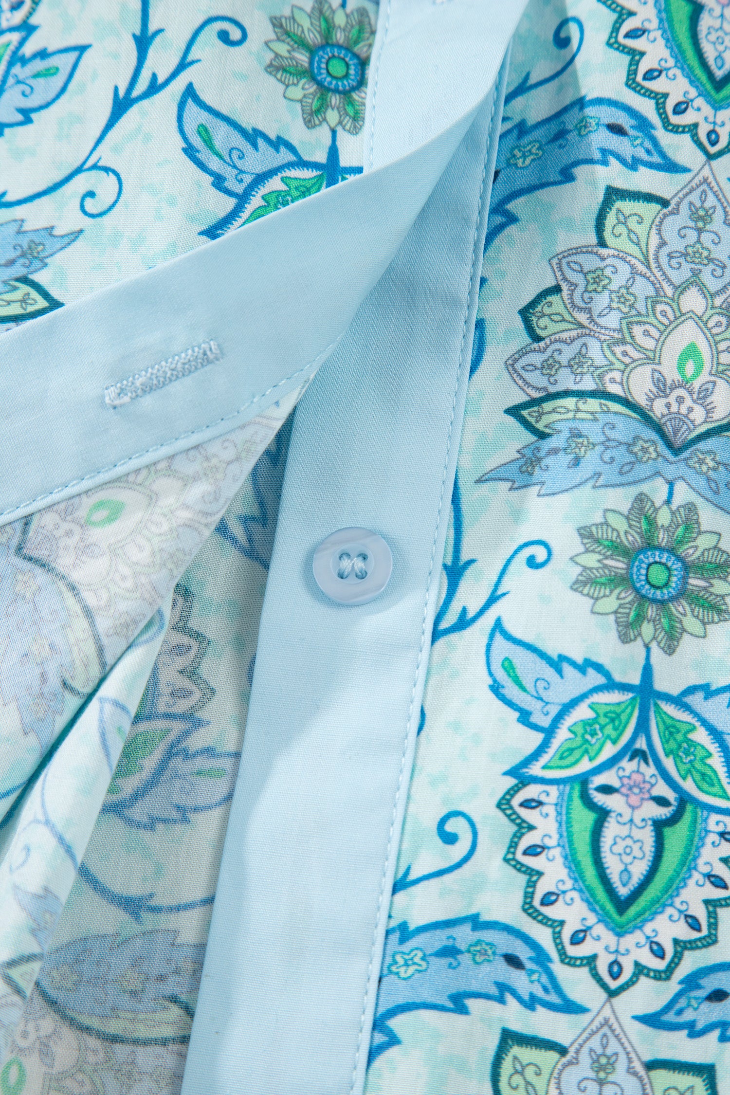 Sky Blue Paisley Print Puff Sleeve Loose Shirt-Tops/Blouses & Shirts-[Adult]-[Female]-2022 Online Blue Zone Planet