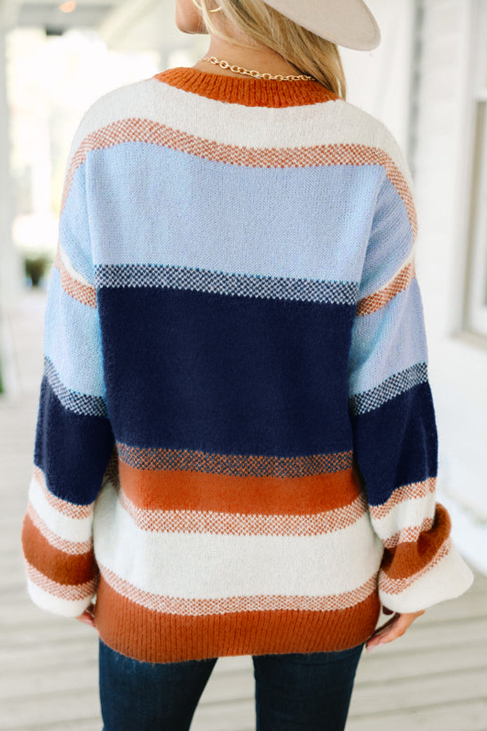 Dark Blue Color Block Round Neck Tunic Sweater-Sweaters & Cardigans/Sweaters-[Adult]-[Female]-2022 Online Blue Zone Planet