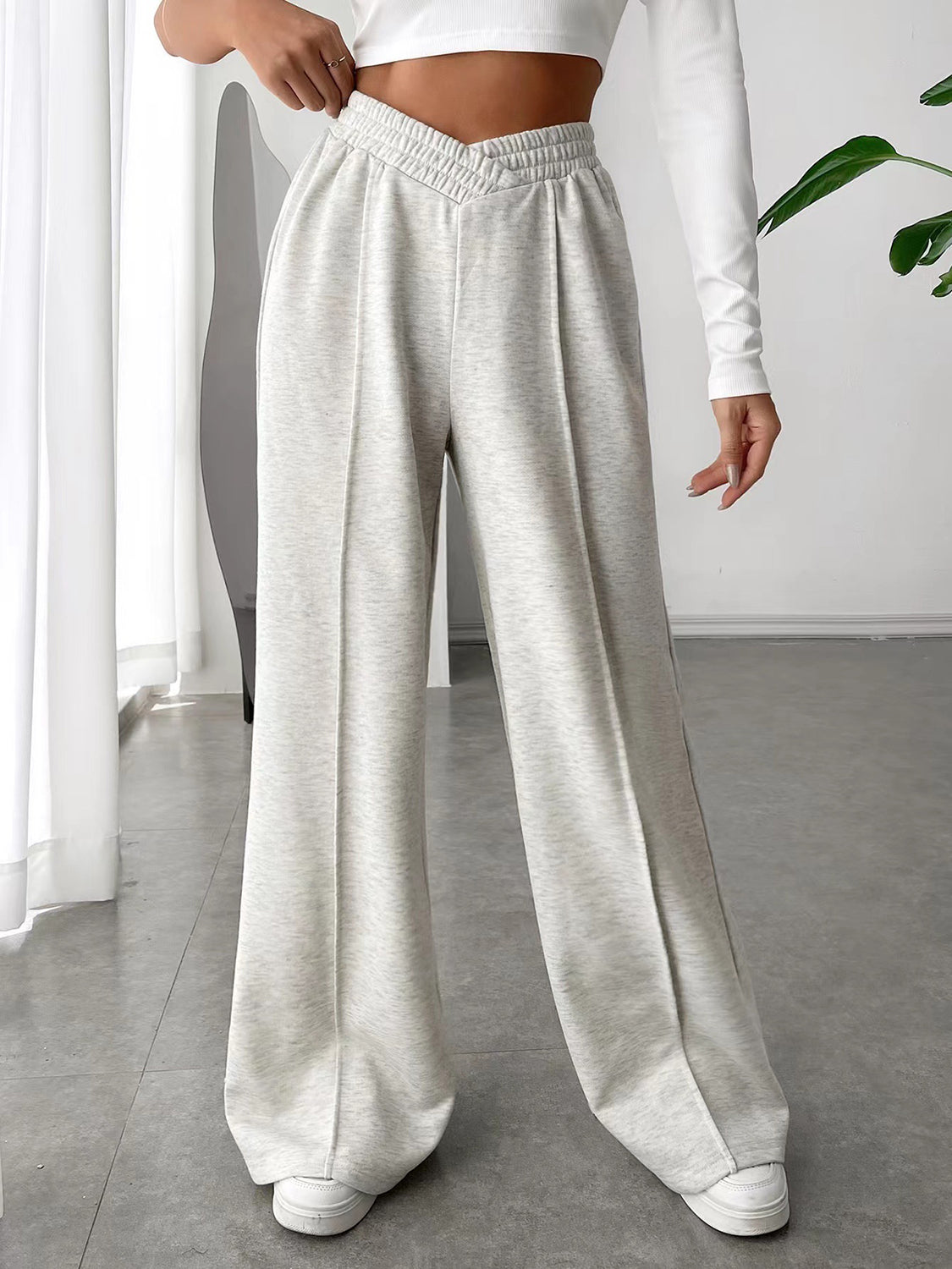 Blue Zone Planet | Elastic Waist Wide Leg Pants-BOTTOMS SIZES SMALL MEDIUM LARGE-[Adult]-[Female]-Light Gray-S-2022 Online Blue Zone Planet