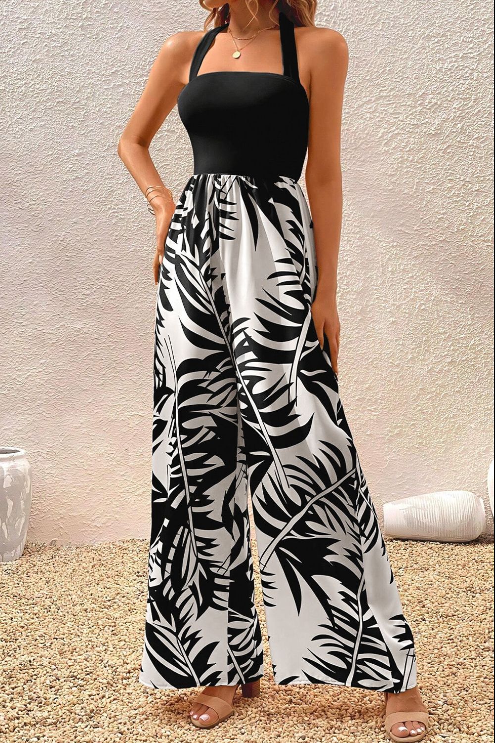 Printed Halter Wide Leg Jumpsuit-TOPS / DRESSES-[Adult]-[Female]-2022 Online Blue Zone Planet