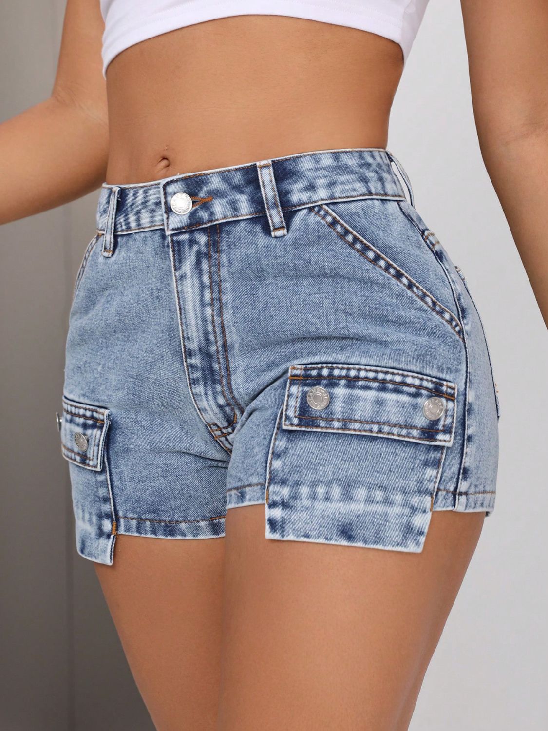 Mid-Rise Waist Denim Shorts with Pockets-BOTTOMS SIZES SMALL MEDIUM LARGE-[Adult]-[Female]-Light-S-2022 Online Blue Zone Planet