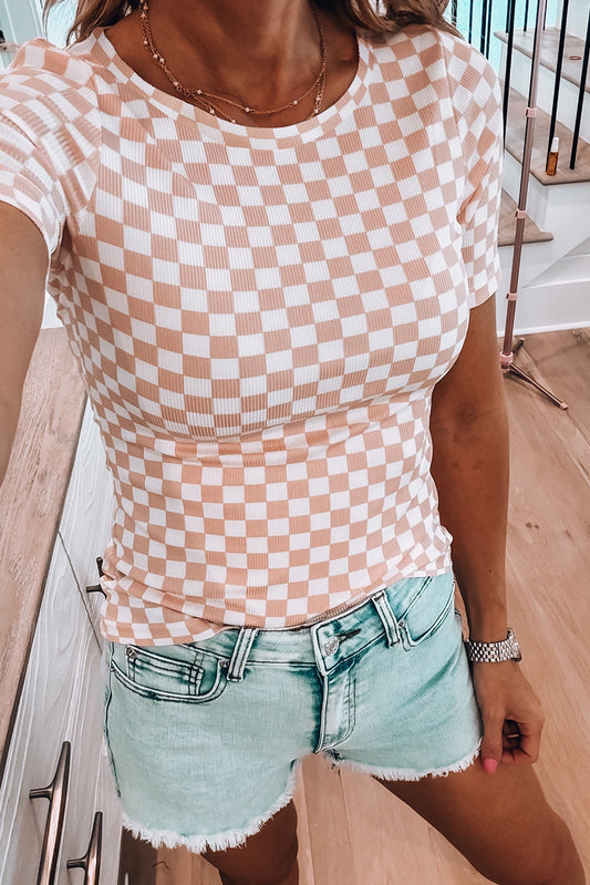 Pink Checkered Ribbed Slim Fit Crew Neck T Shirt-Tops/Tops & Tees-[Adult]-[Female]-Pink-S-2022 Online Blue Zone Planet