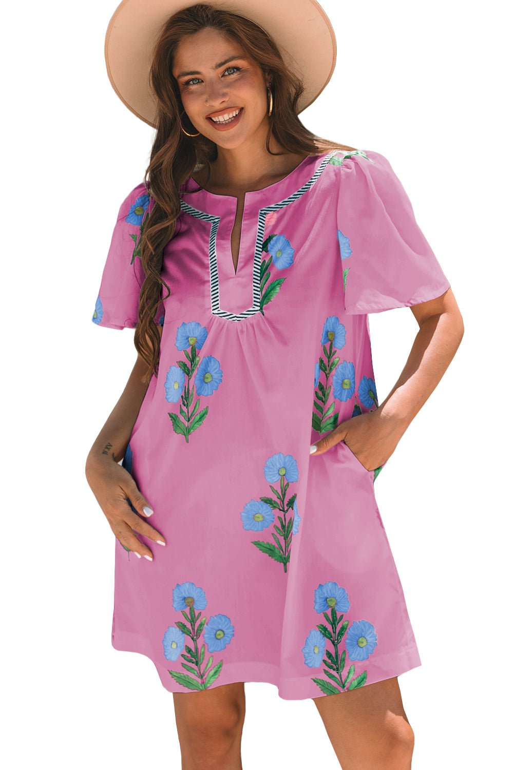 Rose Floral Short Sleeve Split Neck Loose Mini Dress-TOPS / DRESSES-[Adult]-[Female]-2022 Online Blue Zone Planet