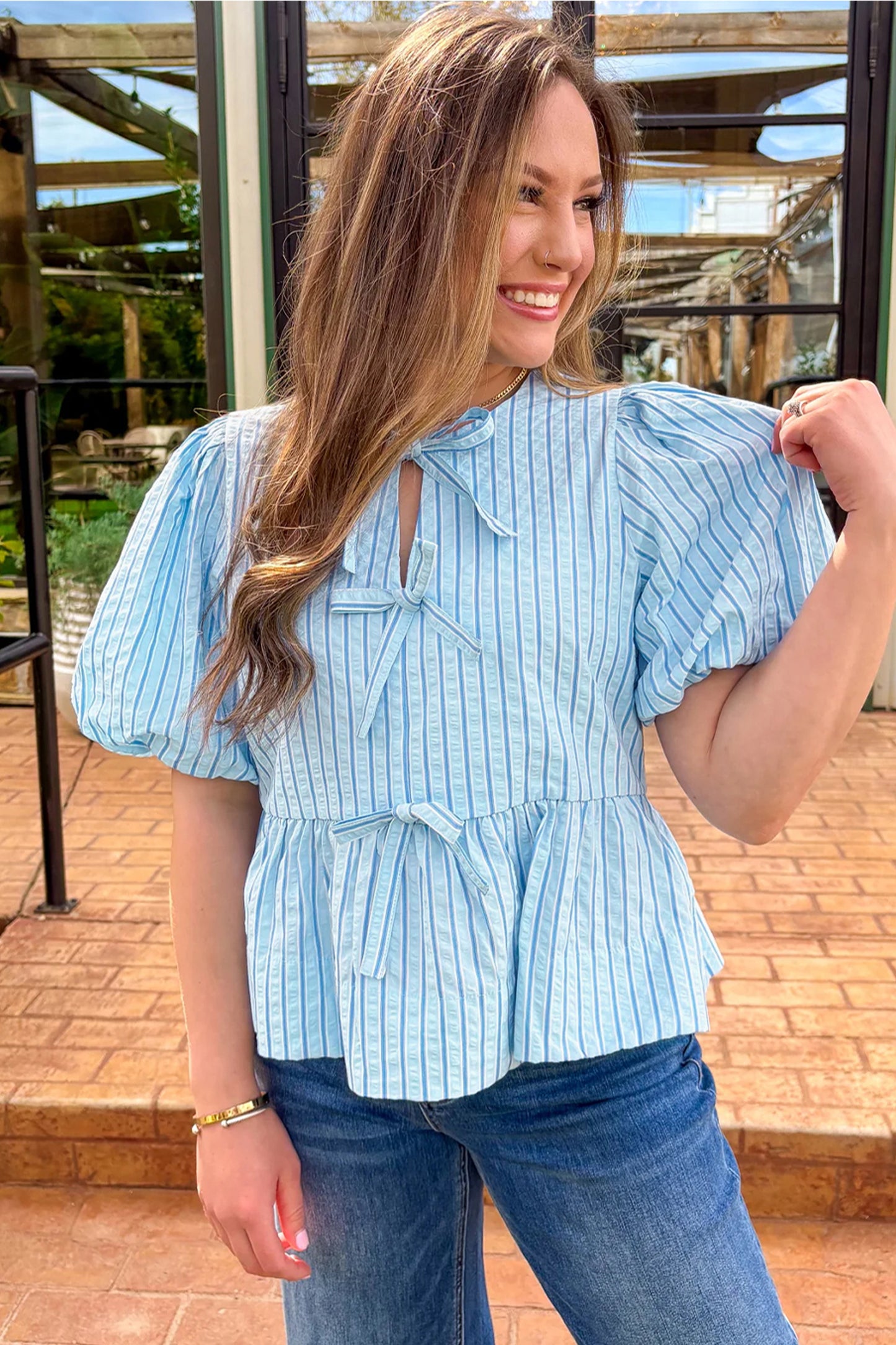 Sky Blue Stripe Bow Knot Textured Short Puff Sleeve Babydoll Blouse-Tops/Blouses & Shirts-[Adult]-[Female]-2022 Online Blue Zone Planet