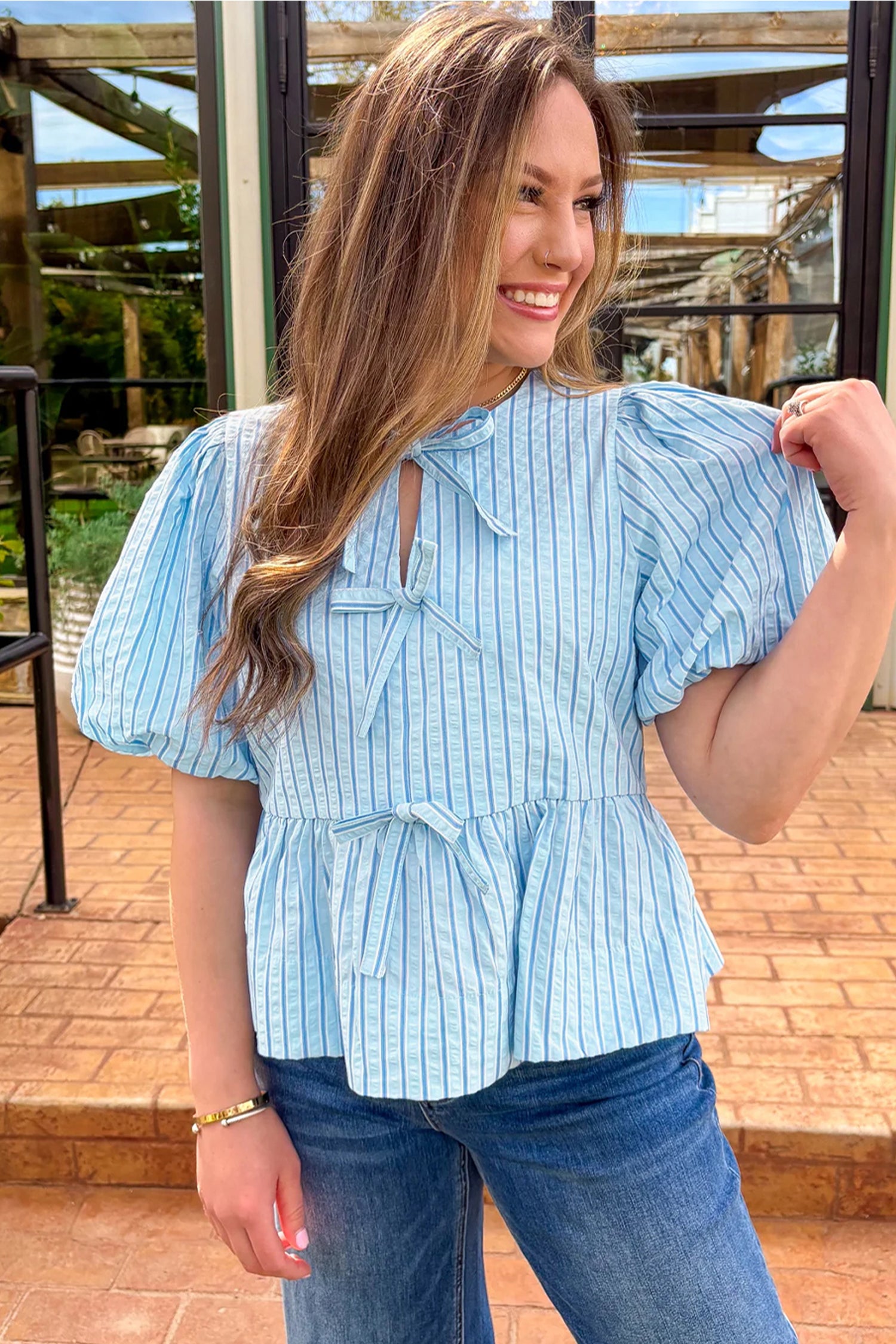 Sky Blue Stripe Bow Knot Textured Short Puff Sleeve Babydoll Blouse-Tops/Blouses & Shirts-[Adult]-[Female]-2022 Online Blue Zone Planet