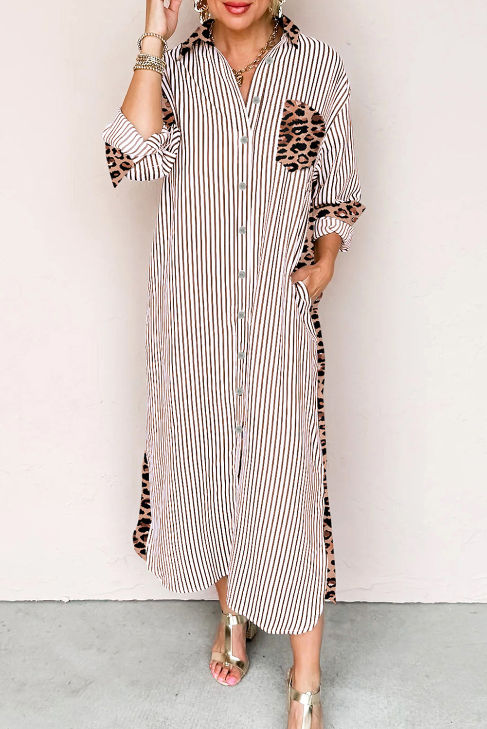 Brown Stripe Contrast Leopard Patchwork Long Shirt Dress with Slits-TOPS / DRESSES-[Adult]-[Female]-Brown Stripe-S-2022 Online Blue Zone Planet