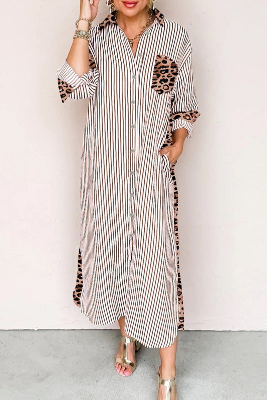 Brown Stripe Contrast Leopard Patchwork Long Shirt Dress with Slits-TOPS / DRESSES-[Adult]-[Female]-Brown Stripe-S-2022 Online Blue Zone Planet
