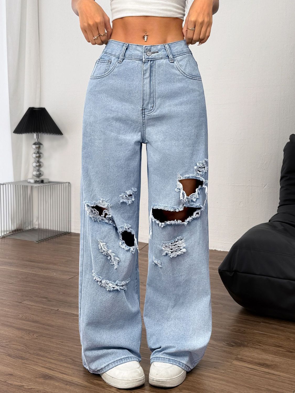 Distressed Wide Leg Jeans with Pockets-BOTTOM SIZES SMALL MEDIUM LARGE-[Adult]-[Female]-2022 Online Blue Zone Planet