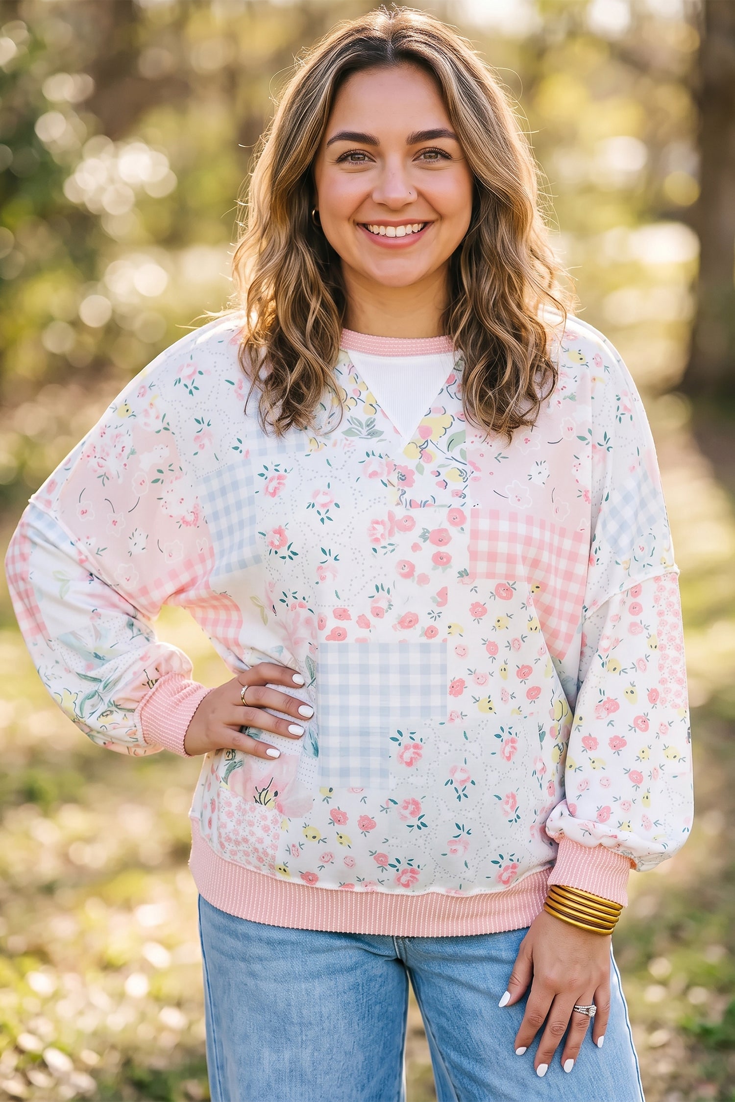 Pink Patchwork Floral Print Long Sleeve Tunic Plus Size Blouse-Plus Size/Plus Size Tops/Plus Size Long Sleeve Tops-[Adult]-[Female]-2022 Online Blue Zone Planet