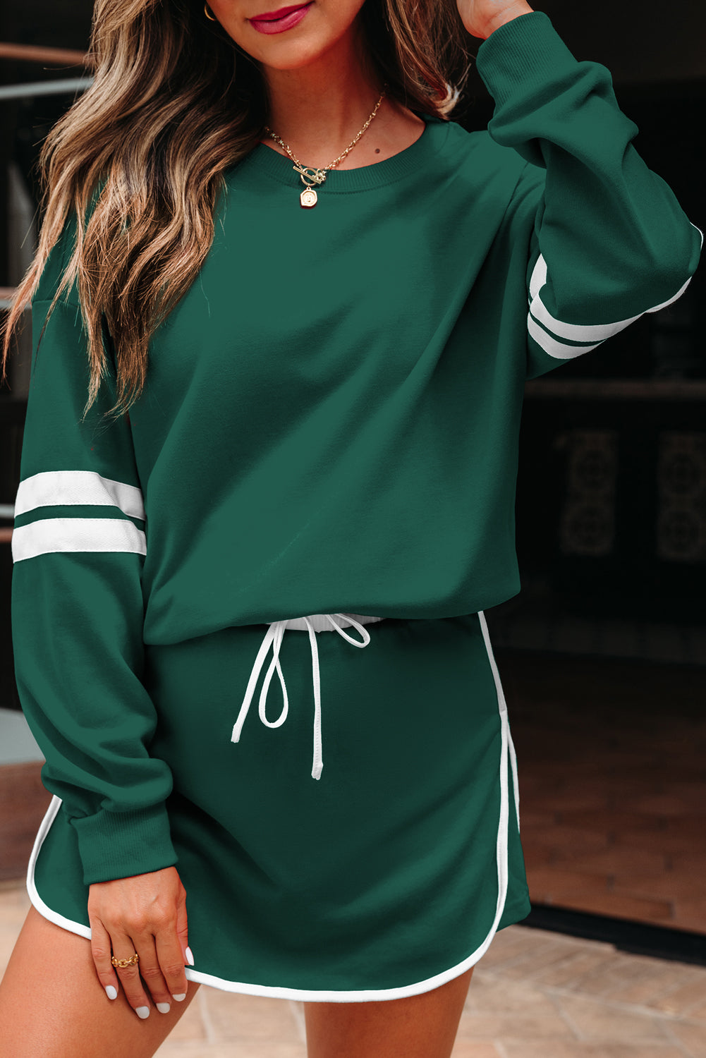 Evergreen Varsity Stripe Detail Drop Shoulder Pullover Mini Skirt Set-Two Piece Sets/Two Piece Dresses-[Adult]-[Female]-2022 Online Blue Zone Planet