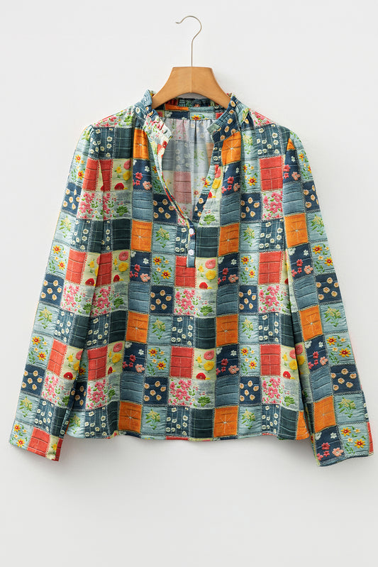 Sky Blue Fall Floral Half Placket Collared V Neck Blouse-Tops/Blouses & Shirts-[Adult]-[Female]-2022 Online Blue Zone Planet