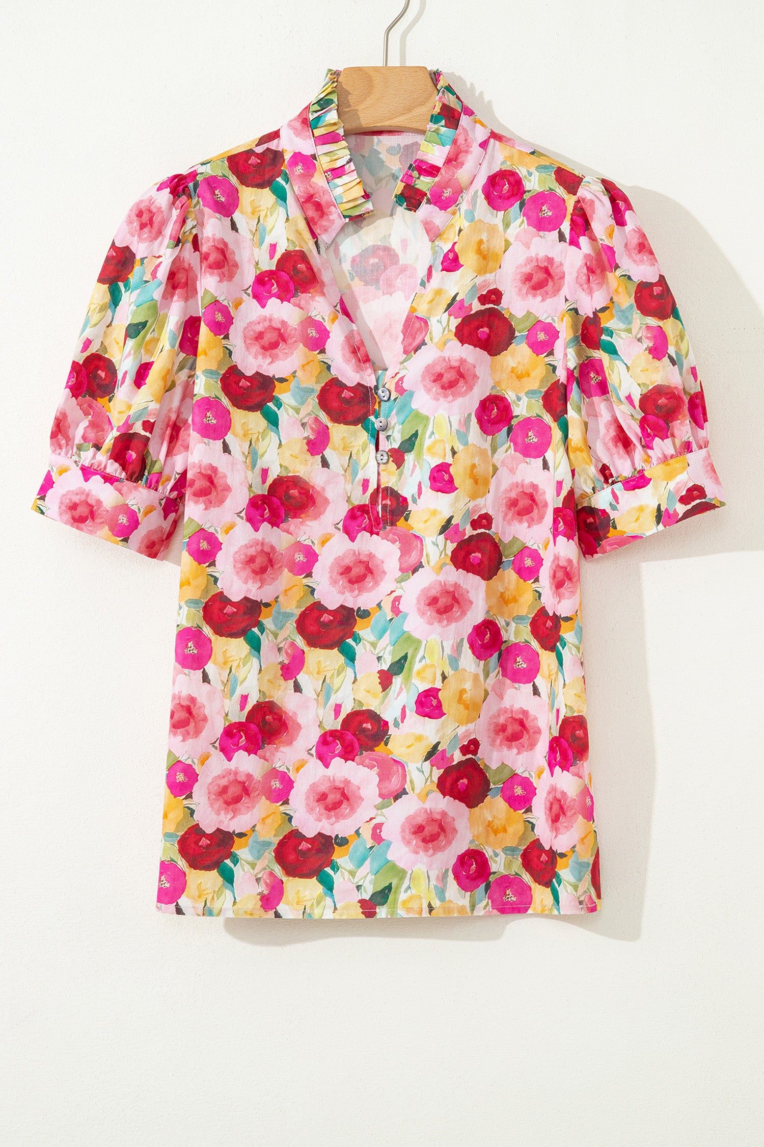 Pink Floral Frilled V Neck Puff Short Sleeve Blouse-Tops/Blouses & Shirts-[Adult]-[Female]-2022 Online Blue Zone Planet