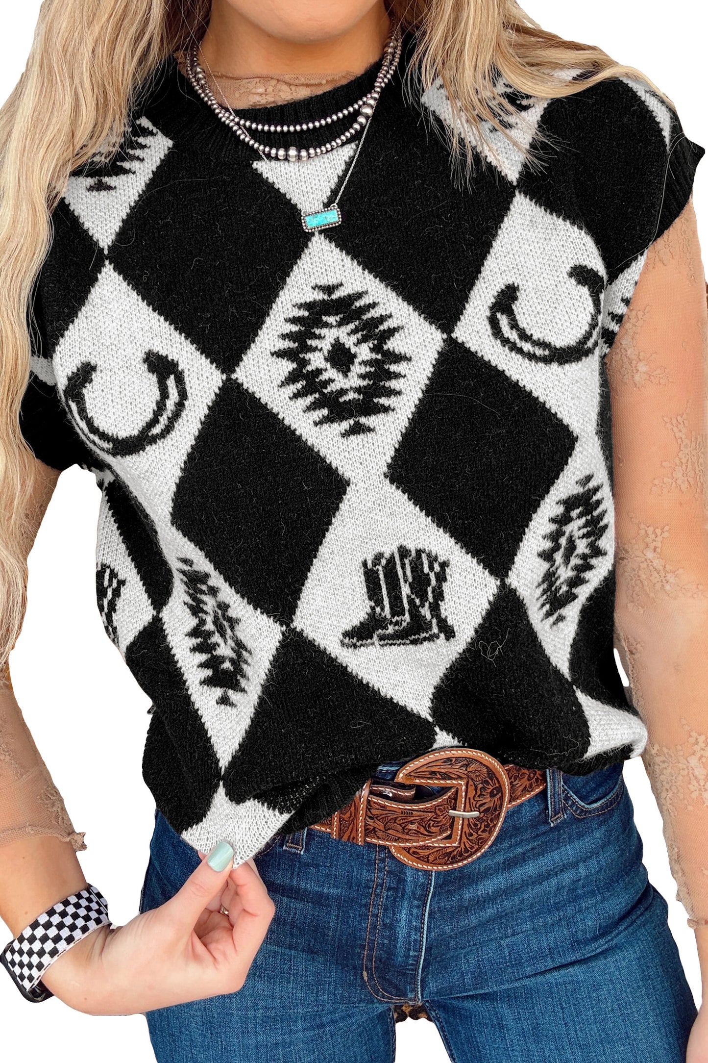 Black Retro Rhombus Western Print Drop Shoulder Short Sleeve Sweater-Sweaters & Cardigans/Short Sleeve Sweaters-[Adult]-[Female]-2022 Online Blue Zone Planet