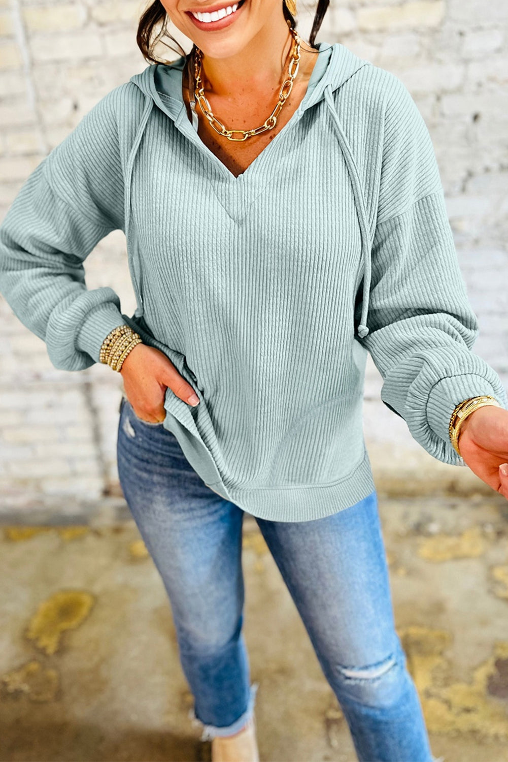 Clearly Aqua Ribbed Drop Shoulder Knit Hoodie-Tops / Dresses-[Adult]-[Female]-Clearly Aqua-S-2022 Online Blue Zone Planet