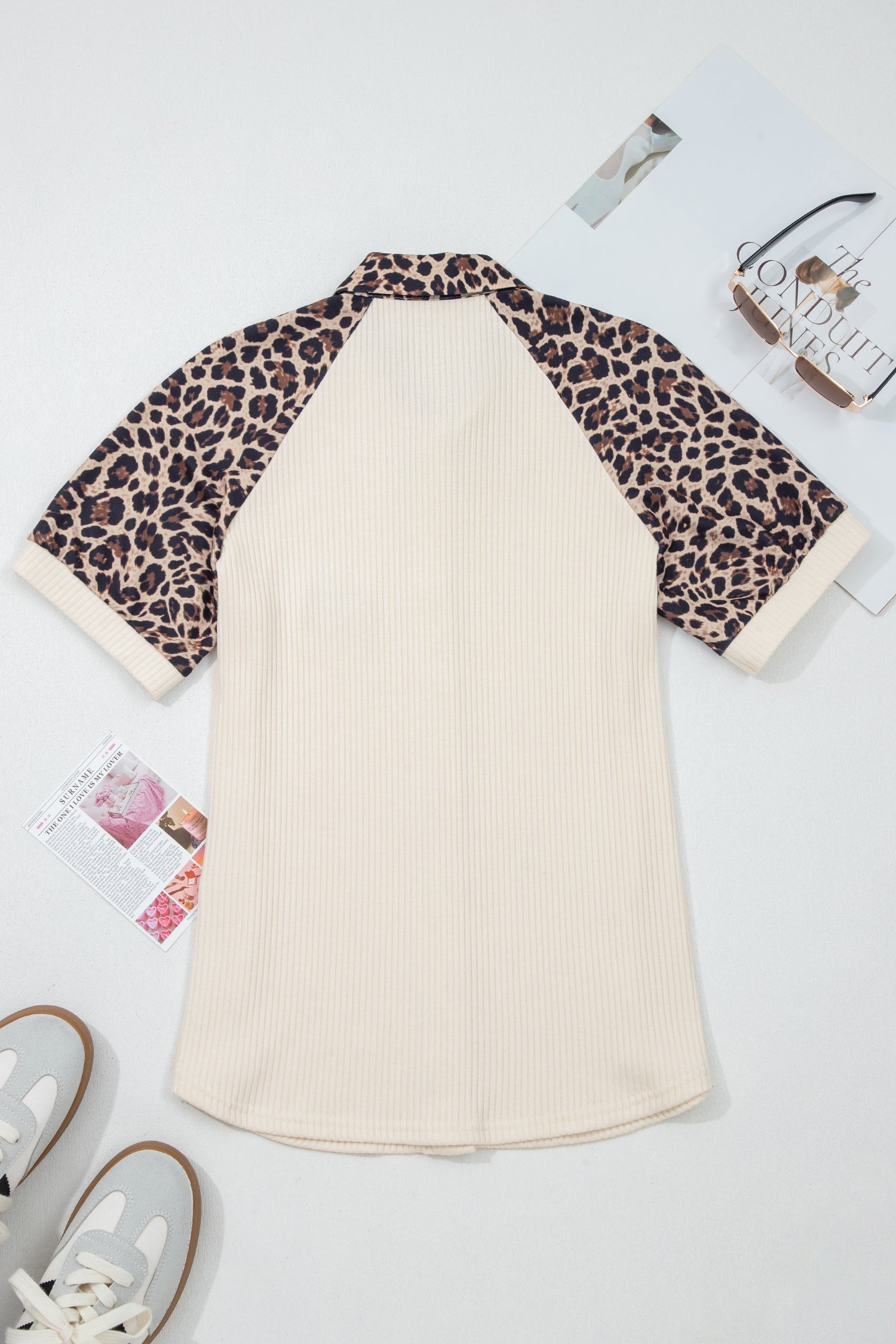 White Ribbed Texture Button Down Leopard Patchwork Short Sleeve Shirt-Tops/Blouses & Shirts-[Adult]-[Female]-2022 Online Blue Zone Planet