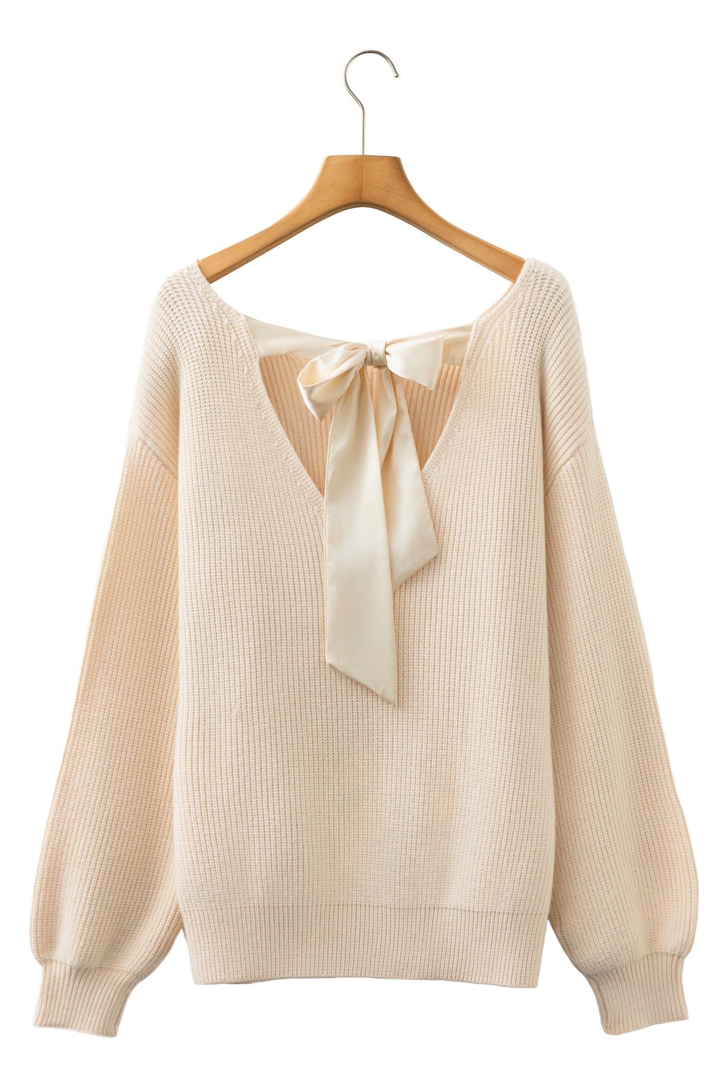 Jet Stream Ribbed Knit Ribbon Knot Backless Drop Shoulder Sweater-Sweaters & Cardigans/Sweaters-[Adult]-[Female]-2022 Online Blue Zone Planet