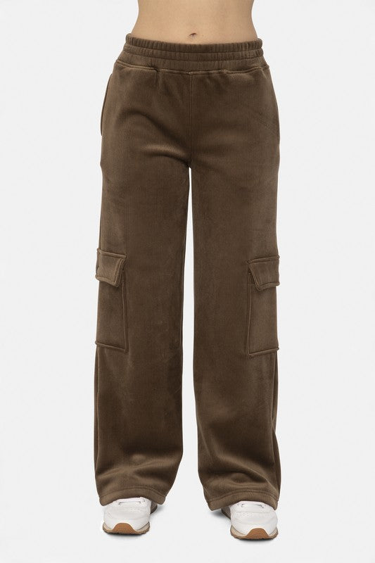 Mono B Elastic Waist Corduroy Cargo Pants-BOTTOMS SIZES SMALL MEDIUM LARGE-[Adult]-[Female]-Olive Brown-S-2022 Online Blue Zone Planet