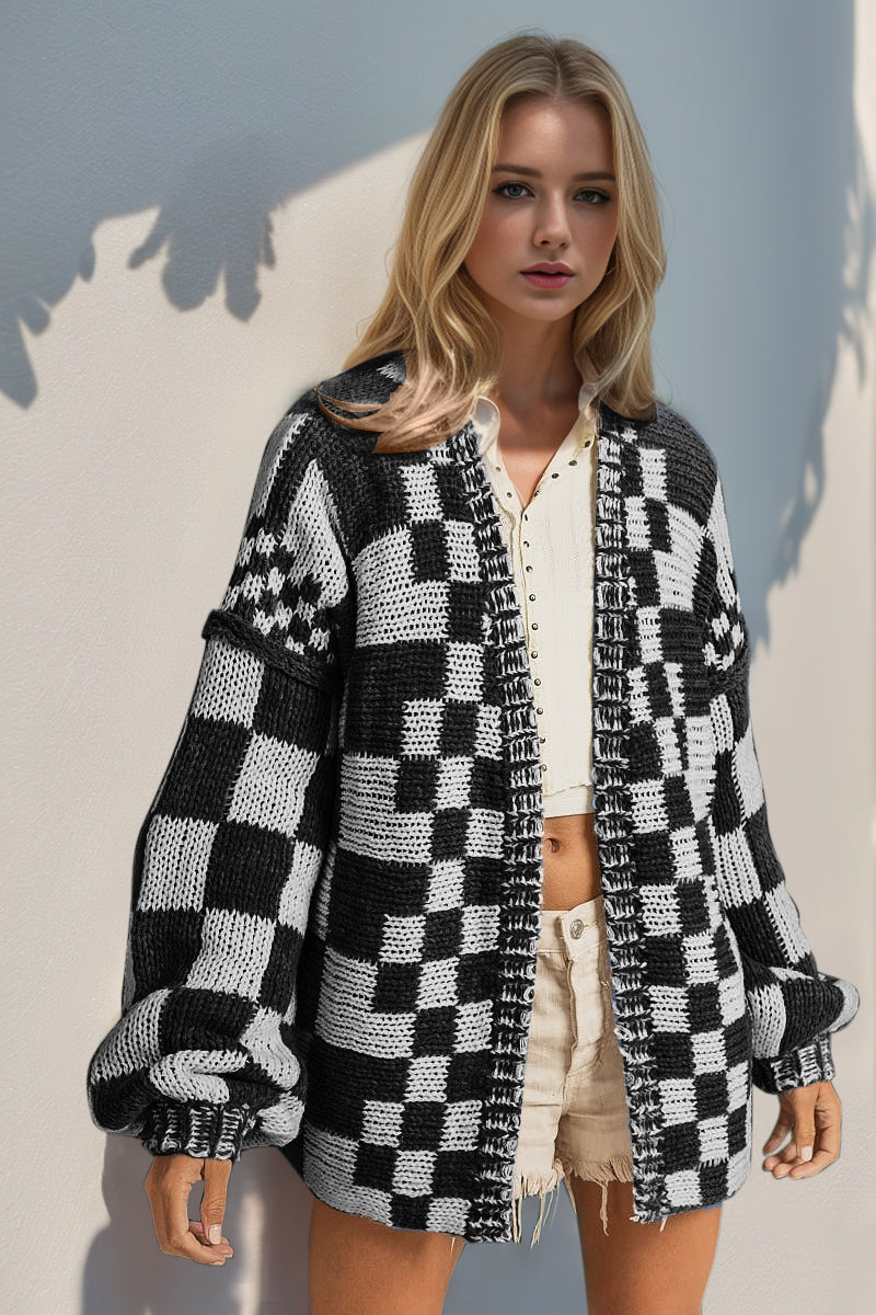 Double Take Full Size Open Front Checkered Drop Shoulder Cardigan-TOPS / DRESSES-[Adult]-[Female]-Black-S/M-2022 Online Blue Zone Planet