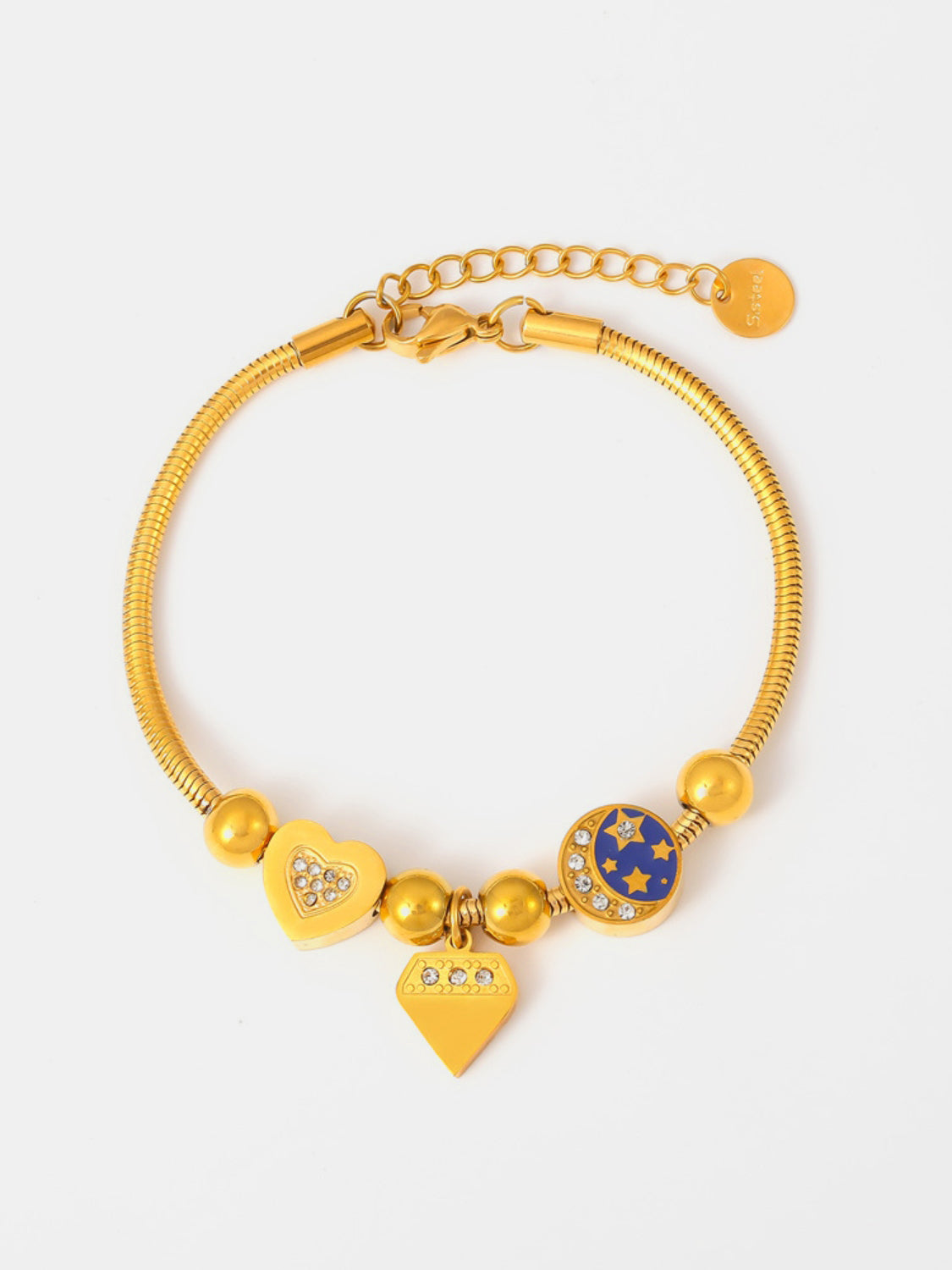 Stainless Steel Rhinestone Charm Bracelet-BRACELETS-[Adult]-[Female]-Gold-One Size-2022 Online Blue Zone Planet