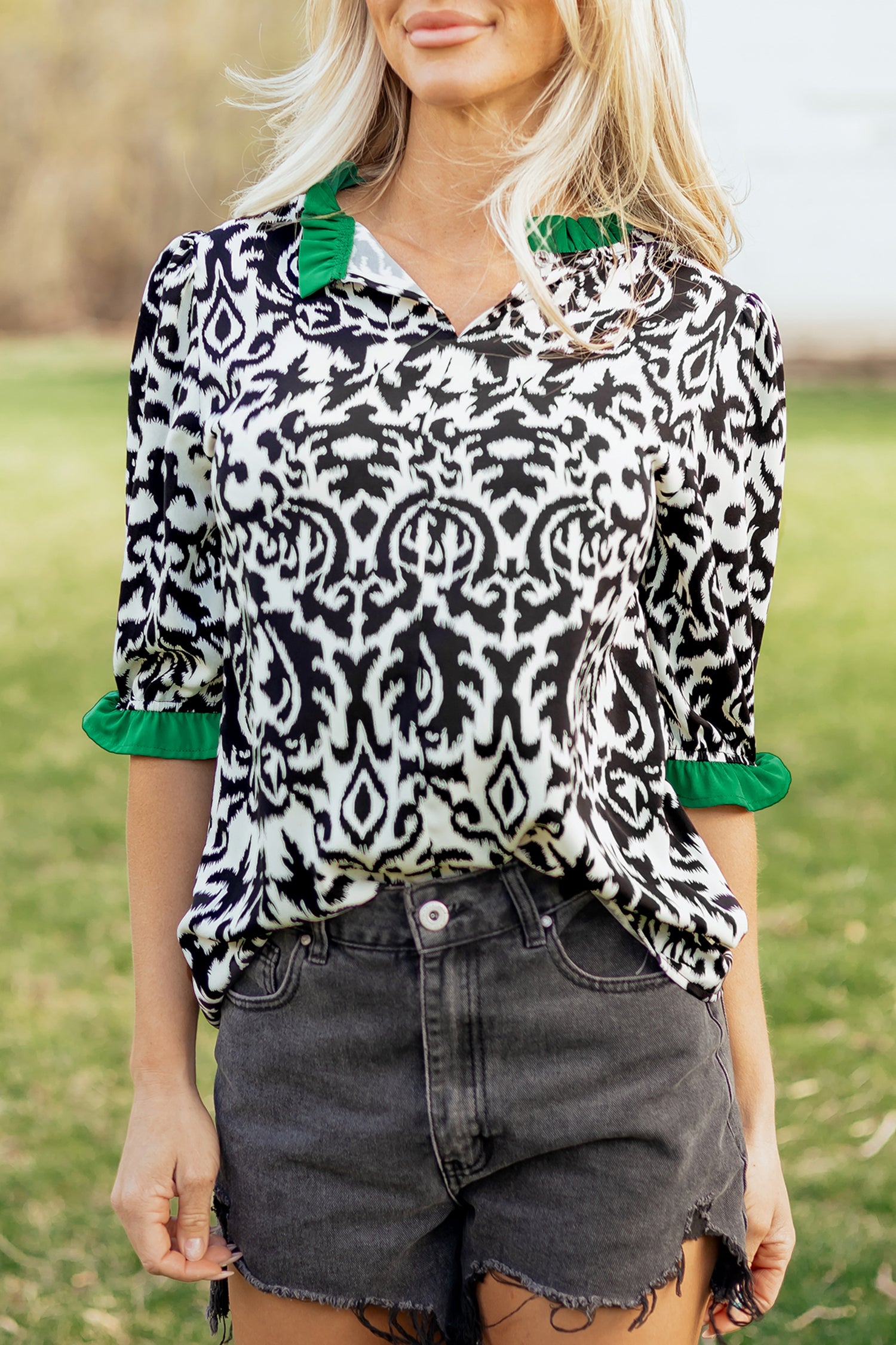 Green Damask Print Ruffled Color Block Detail Half Sleeve Blouse-Tops/Blouses & Shirts-[Adult]-[Female]-2022 Online Blue Zone Planet