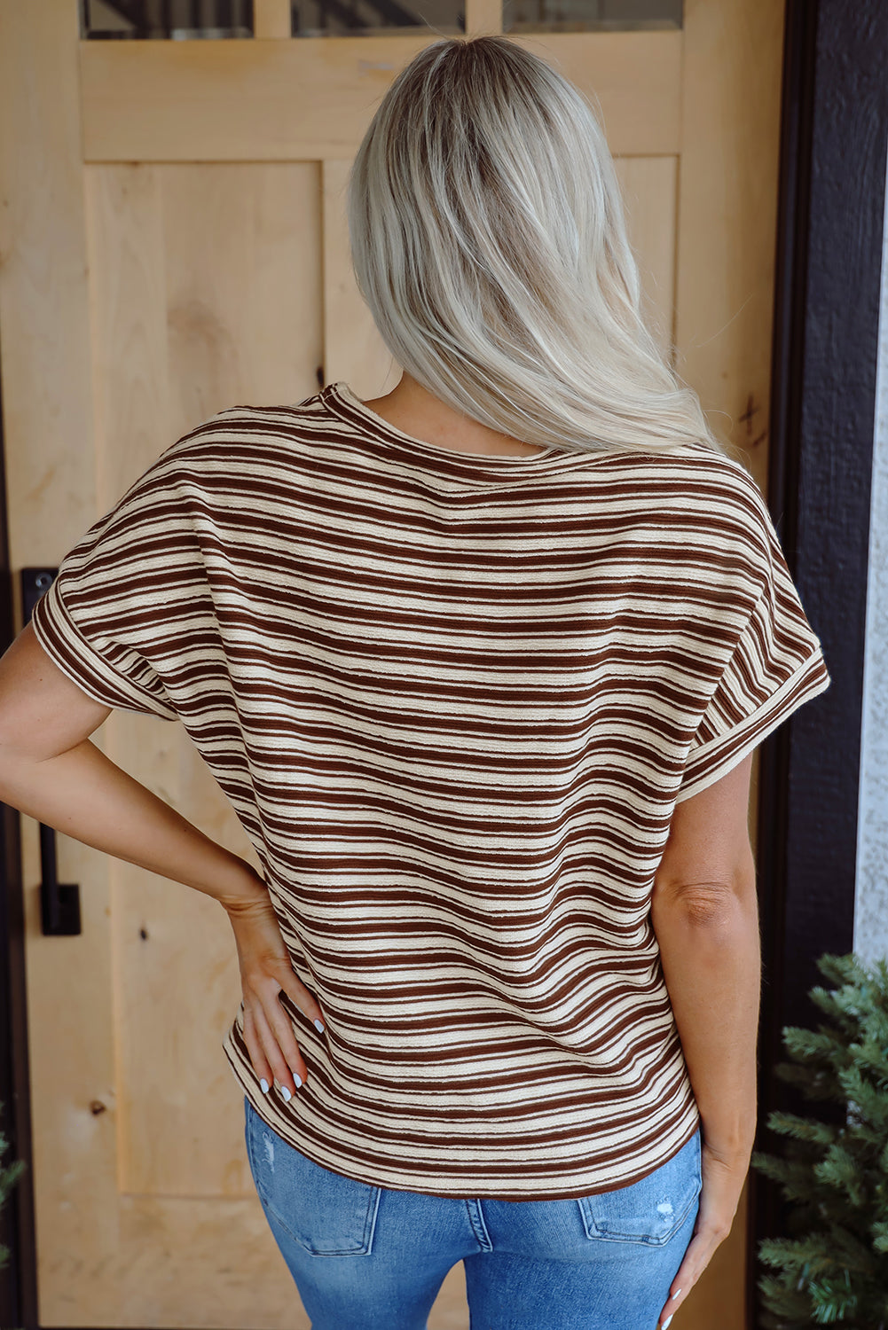 Brown Stripe Textured Side Slits Crew Neck T Shirt-Tops/Tops & Tees-[Adult]-[Female]-2022 Online Blue Zone Planet