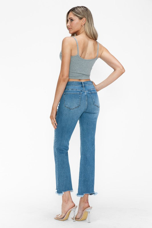 Blue Zone Planet | bytos Raw Hem Distressed Mid Rise Crop Jeans-BOTTOMS SIZES SMALL MEDIUM LARGE-[Adult]-[Female]-2022 Online Blue Zone Planet