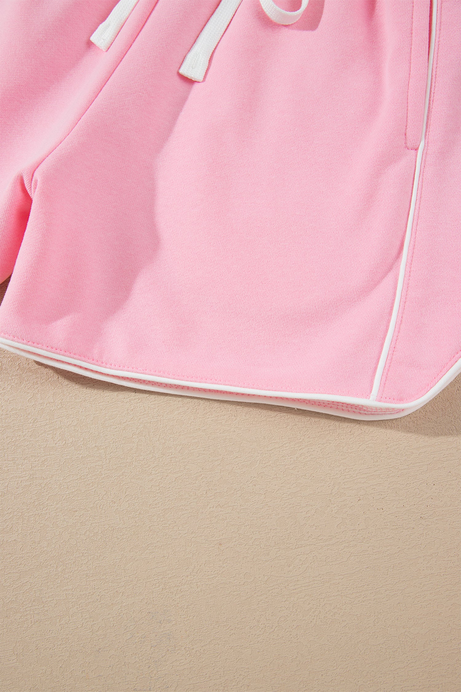 Pink Piping Trim Long Sporty Pullover Drawstring Elastic Waist Shorts Set-Two Piece Sets/Short Sets-[Adult]-[Female]-2022 Online Blue Zone Planet