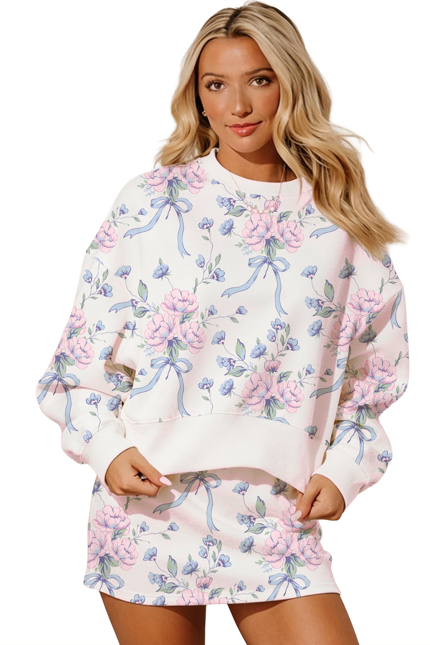 White Floral Print Long Sleeve Top Elastic Waist Skort Two Piece Dresses