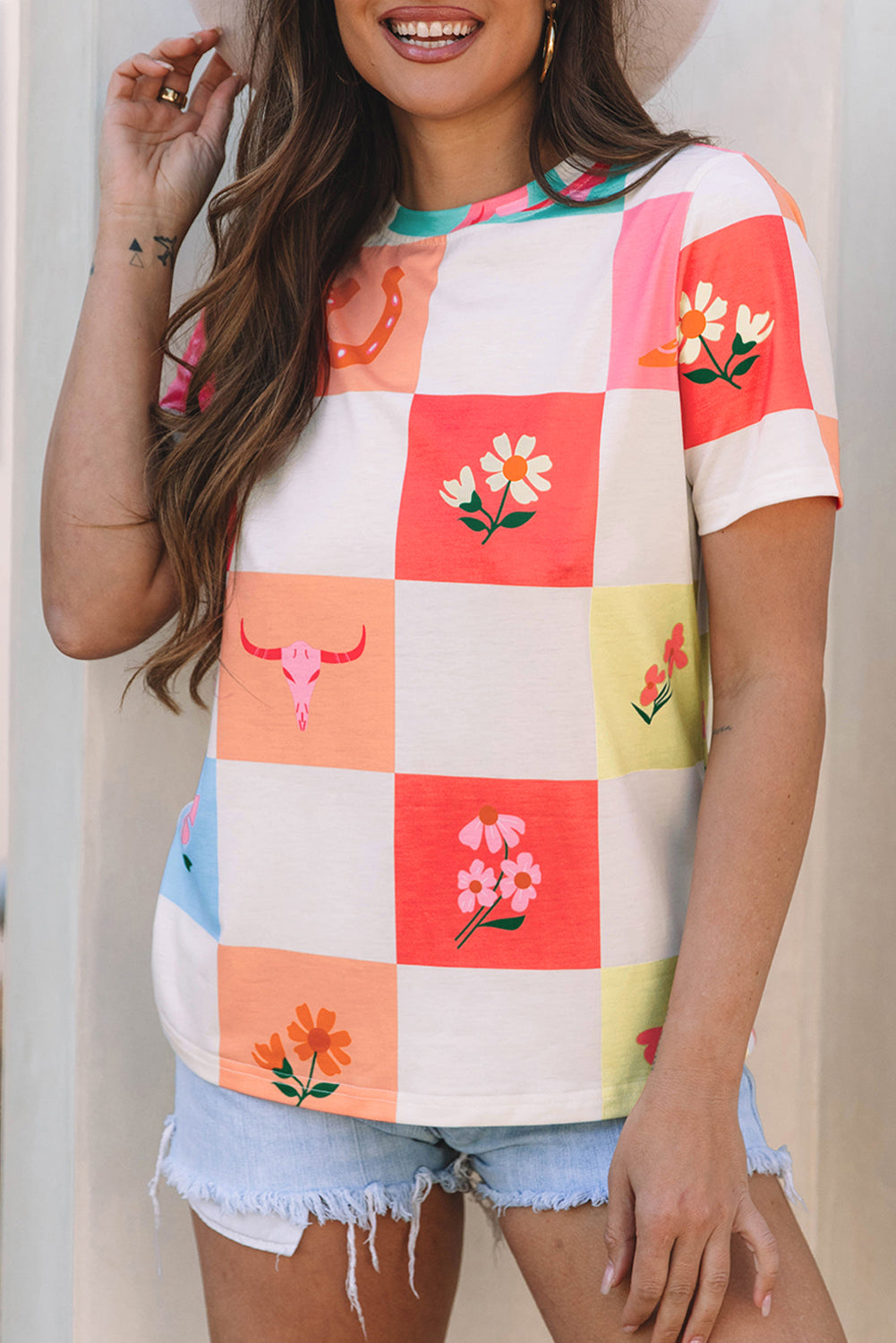 Orange Western Fashion Checker Print Crewneck T Shirt-Tops/Tops & Tees-[Adult]-[Female]-2022 Online Blue Zone Planet