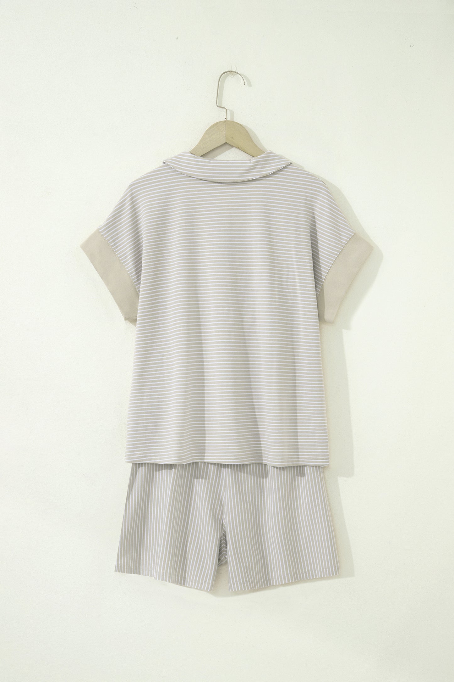 Khaki Stripe Dolman Sleeve Polo Shirt and Drawstring Shorts Set-Two Piece Sets/Short Sets-[Adult]-[Female]-2022 Online Blue Zone Planet