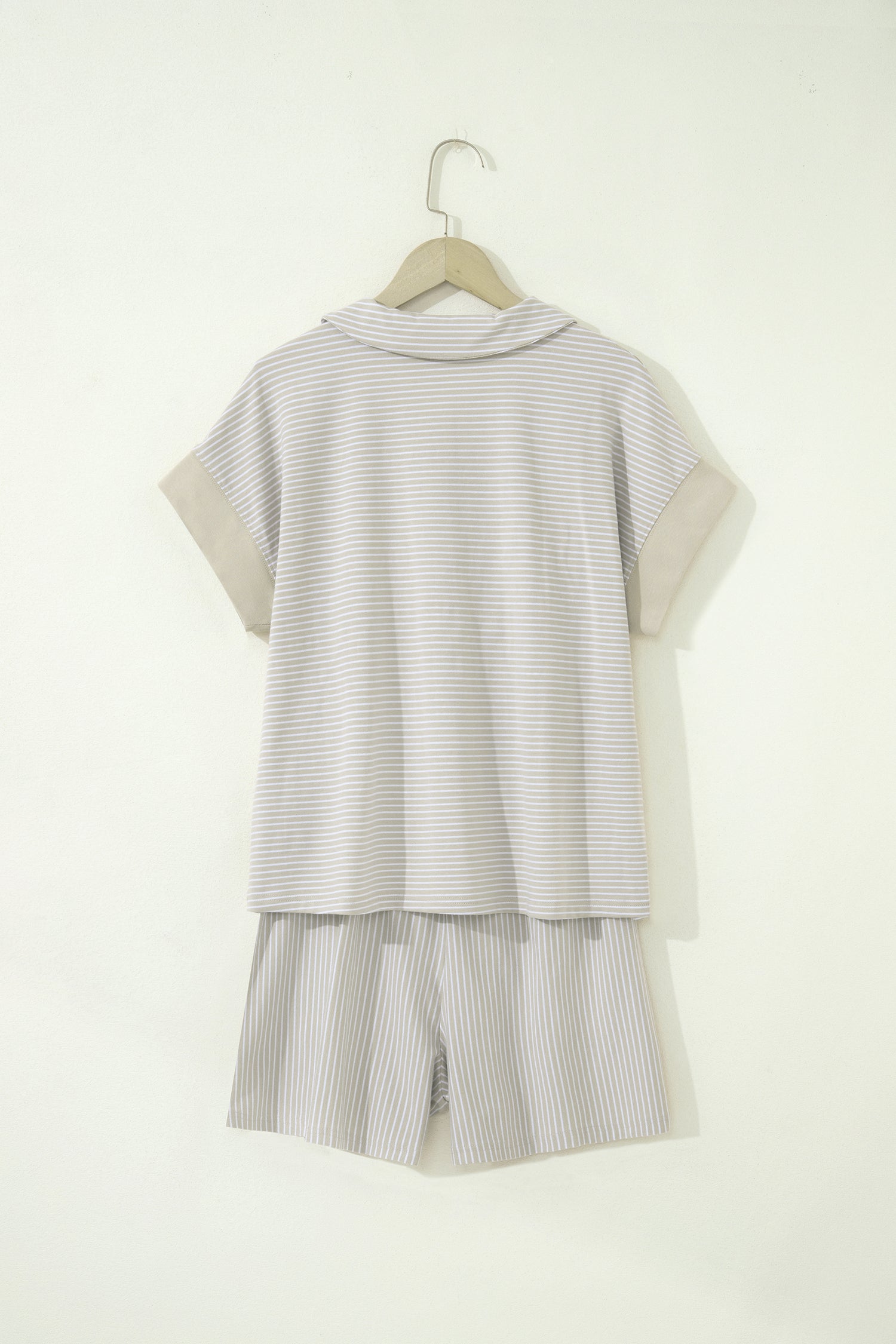 Khaki Stripe Dolman Sleeve Polo Shirt and Drawstring Shorts Set-Two Piece Sets/Short Sets-[Adult]-[Female]-2022 Online Blue Zone Planet