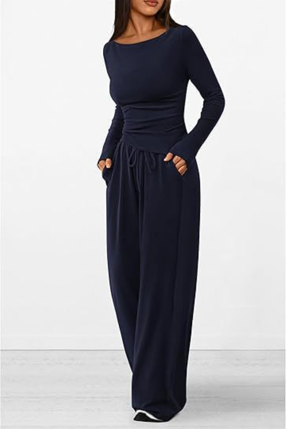 Round Neck Long Sleeve Top and Pants Set-TOPS / DRESSES-[Adult]-[Female]-Navy-XS-2022 Online Blue Zone Planet