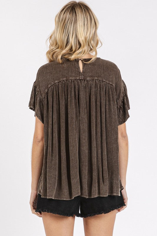 Mittoshop Mineral Washed Round Neck Ruffle Sleeve Blouse-TOPS / DRESSES-[Adult]-[Female]-2022 Online Blue Zone Planet