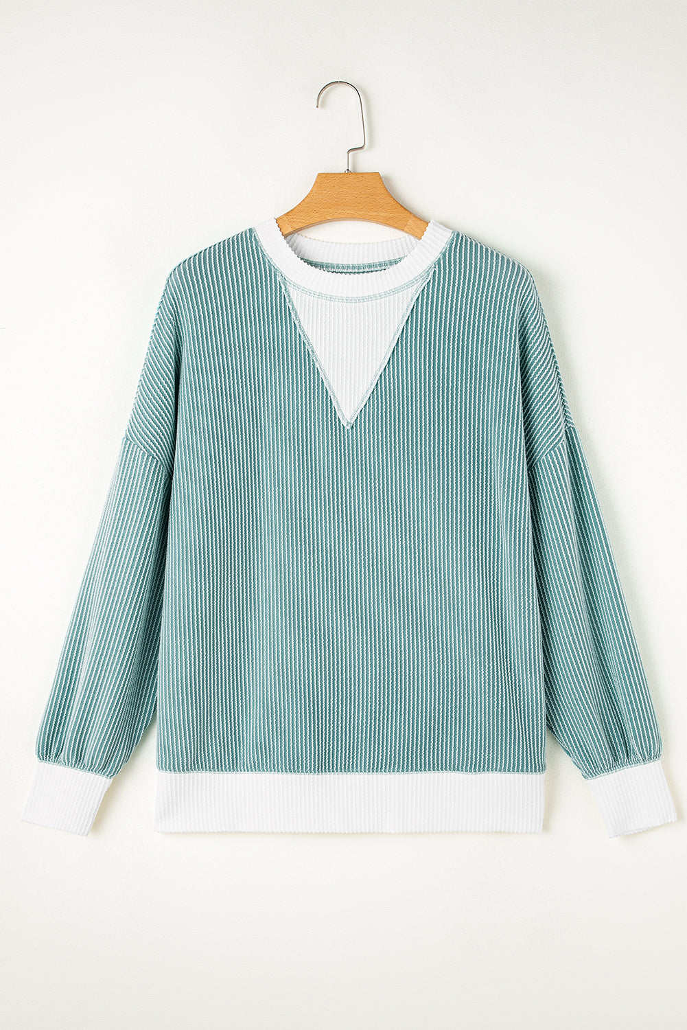 Blue Zone Planet | Light Blue Corded Colorblock Drop Shoulder Loose Top-Tops/Long Sleeve Tops-[Adult]-[Female]-2022 Online Blue Zone Planet
