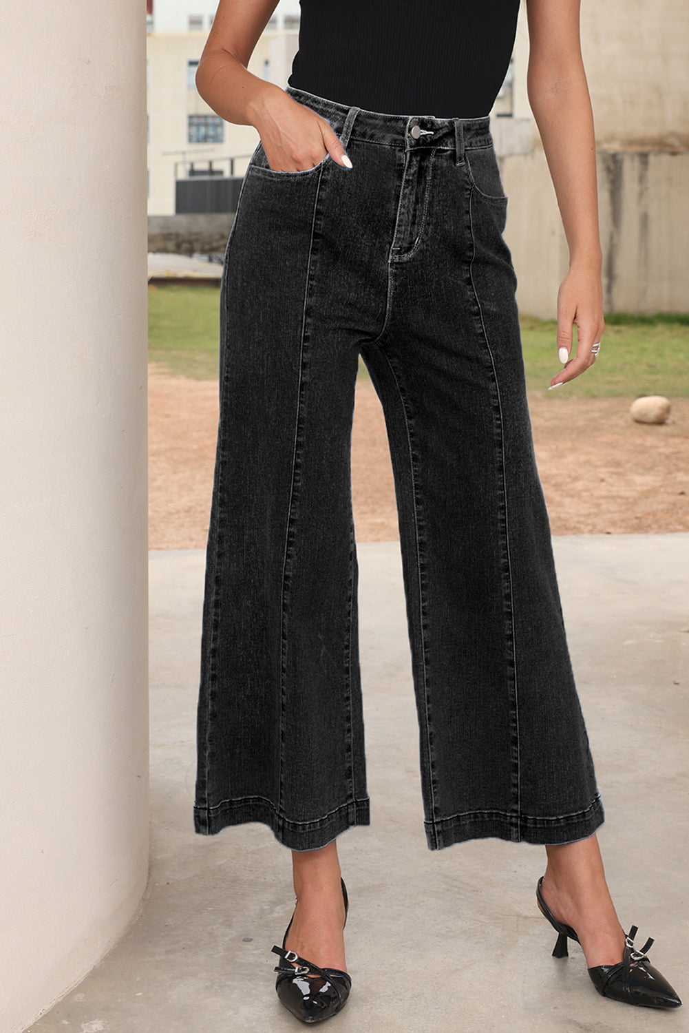Black Plain Seam Detail Flared Bottom Ankle Length Jeans-Bottoms/Jeans-[Adult]-[Female]-2022 Online Blue Zone Planet