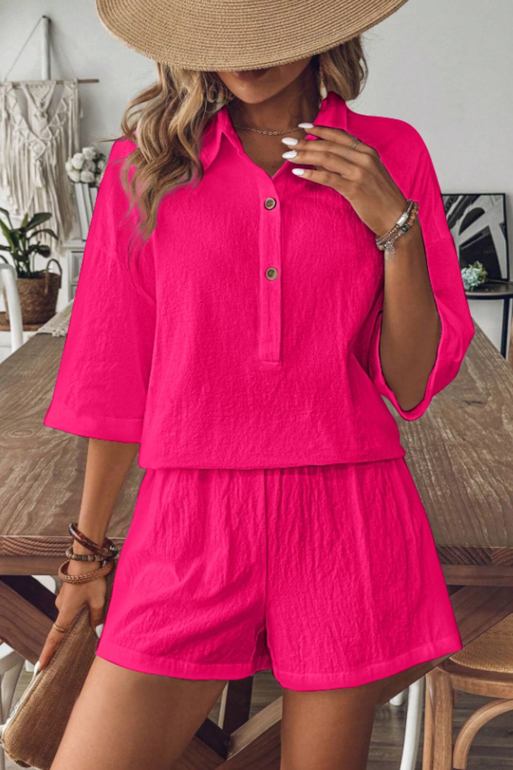 Blue Zone Planet | Collared Neck Half Sleeve Top and Shorts Set-TOPS / DRESSES-[Adult]-[Female]-Hot Pink-S-2022 Online Blue Zone Planet