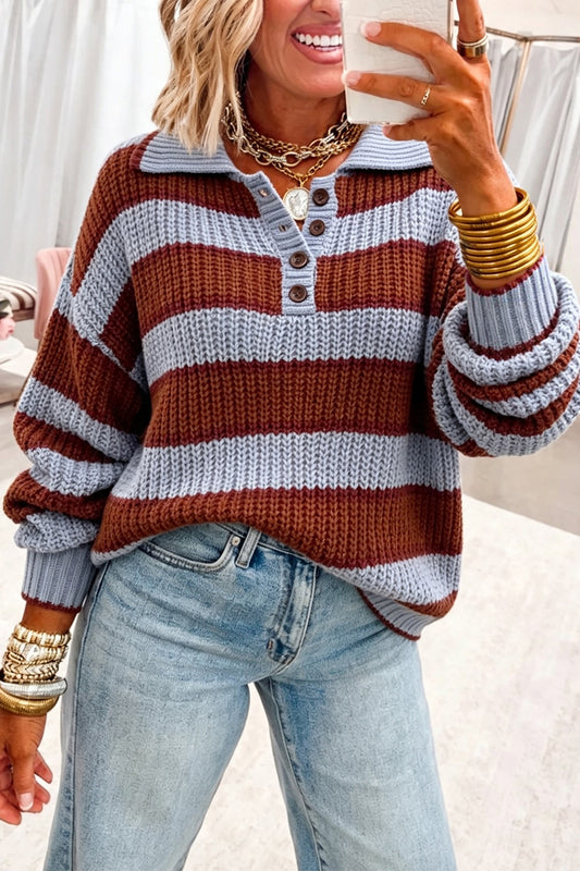 Red Dahlia Button Collar Dropped Shoulder Relaxed Pullover Sweater-TOPS / DRESSES-[Adult]-[Female]-Red Dahlia-S-2022 Online Blue Zone Planet