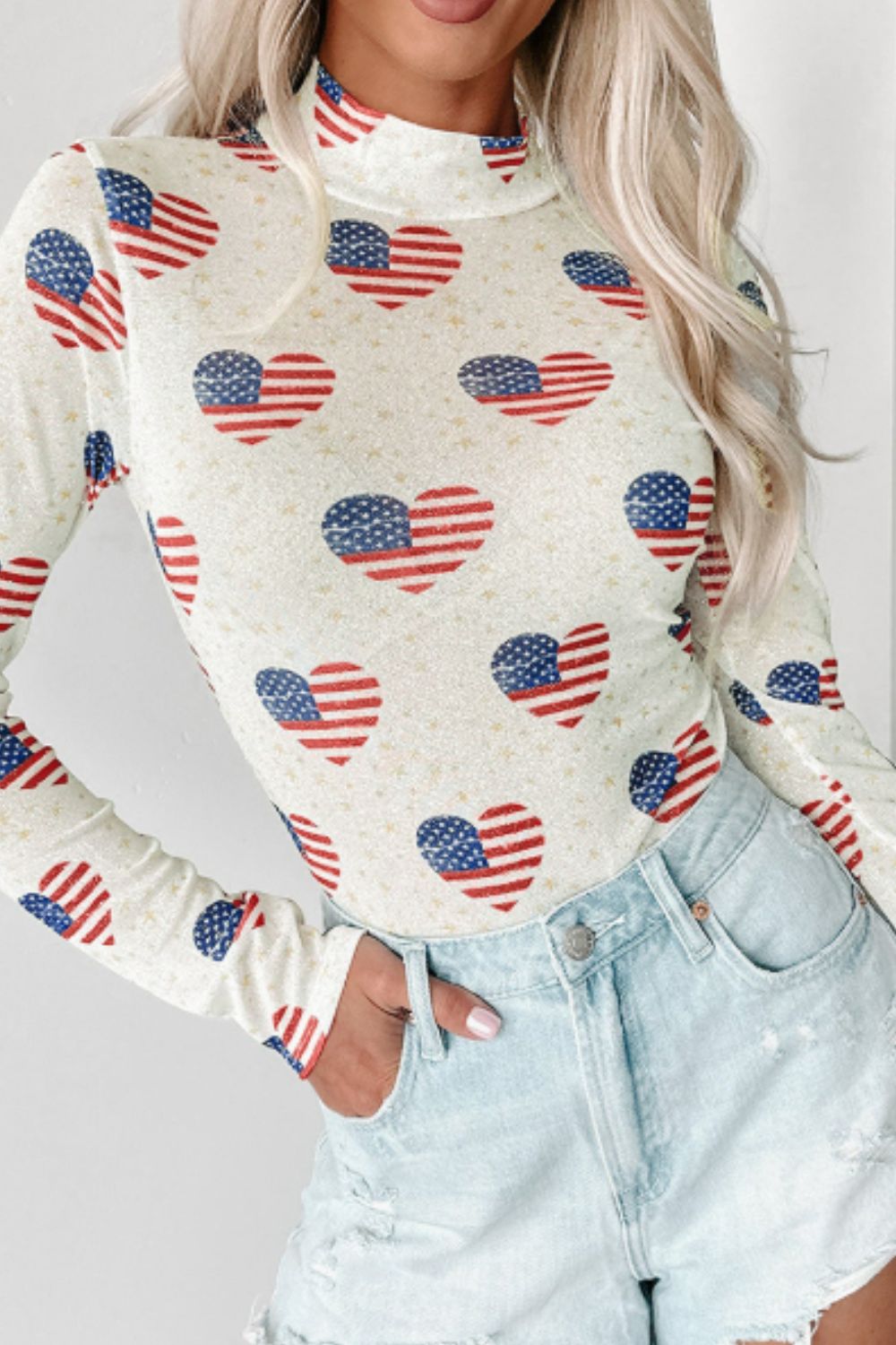 US Flag Heart Mock Neck Long Sleeve Bodysuit-TOPS / DRESSES-[Adult]-[Female]-2022 Online Blue Zone Planet