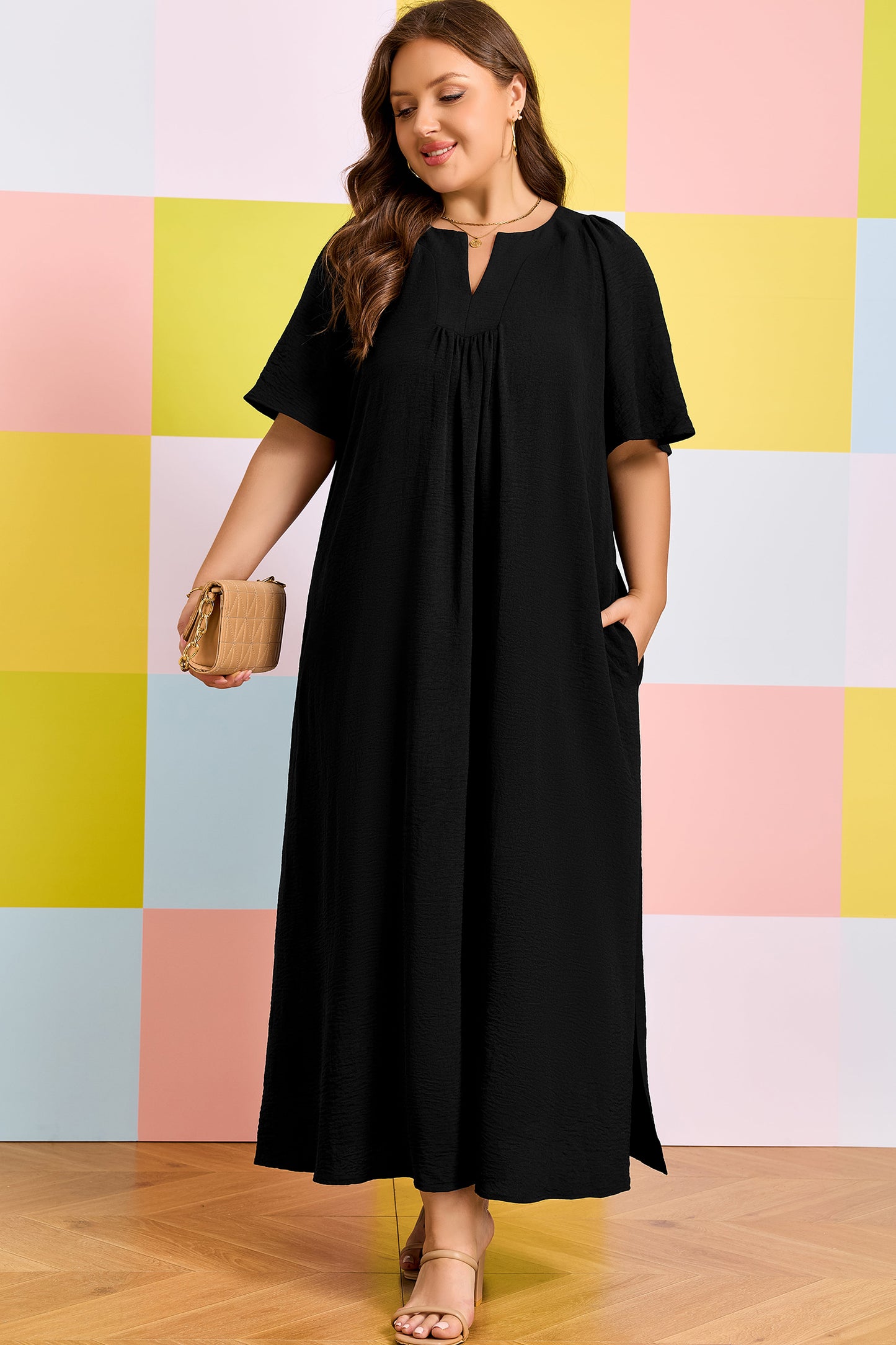 Black Plus Size Solid Color Notched Neck Short Sleeve Loose Dress-TOPS / DRESSES-[Adult]-[Female]-2022 Online Blue Zone Planet