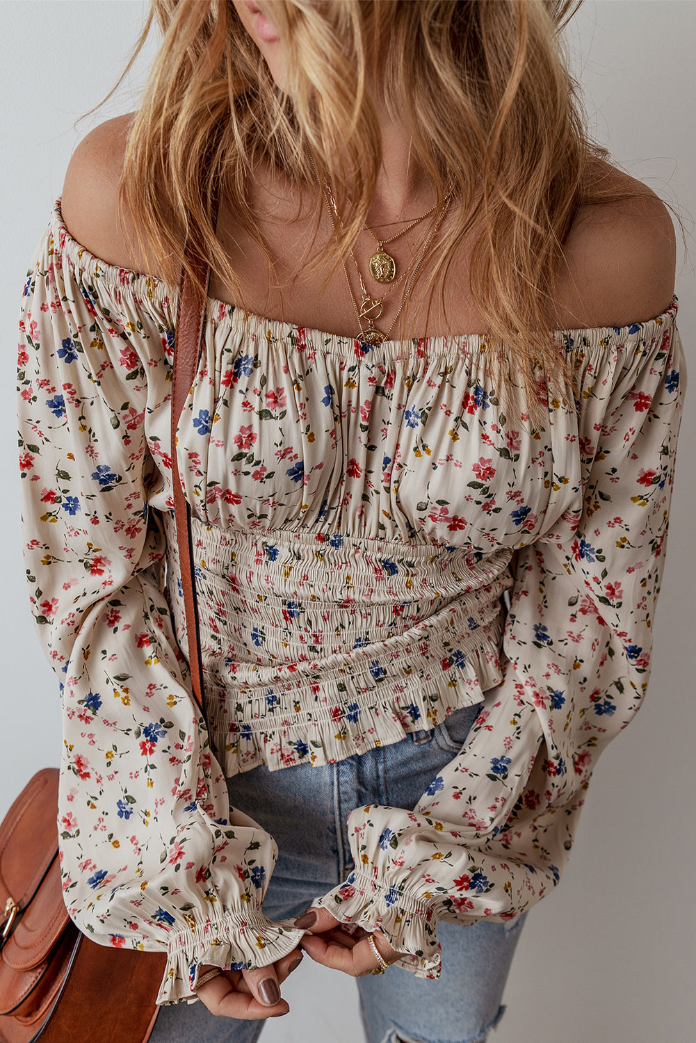 Beige Boho Floral Print Smocked Waist V Neck Blouse-Tops/Blouses & Shirts-[Adult]-[Female]-2022 Online Blue Zone Planet