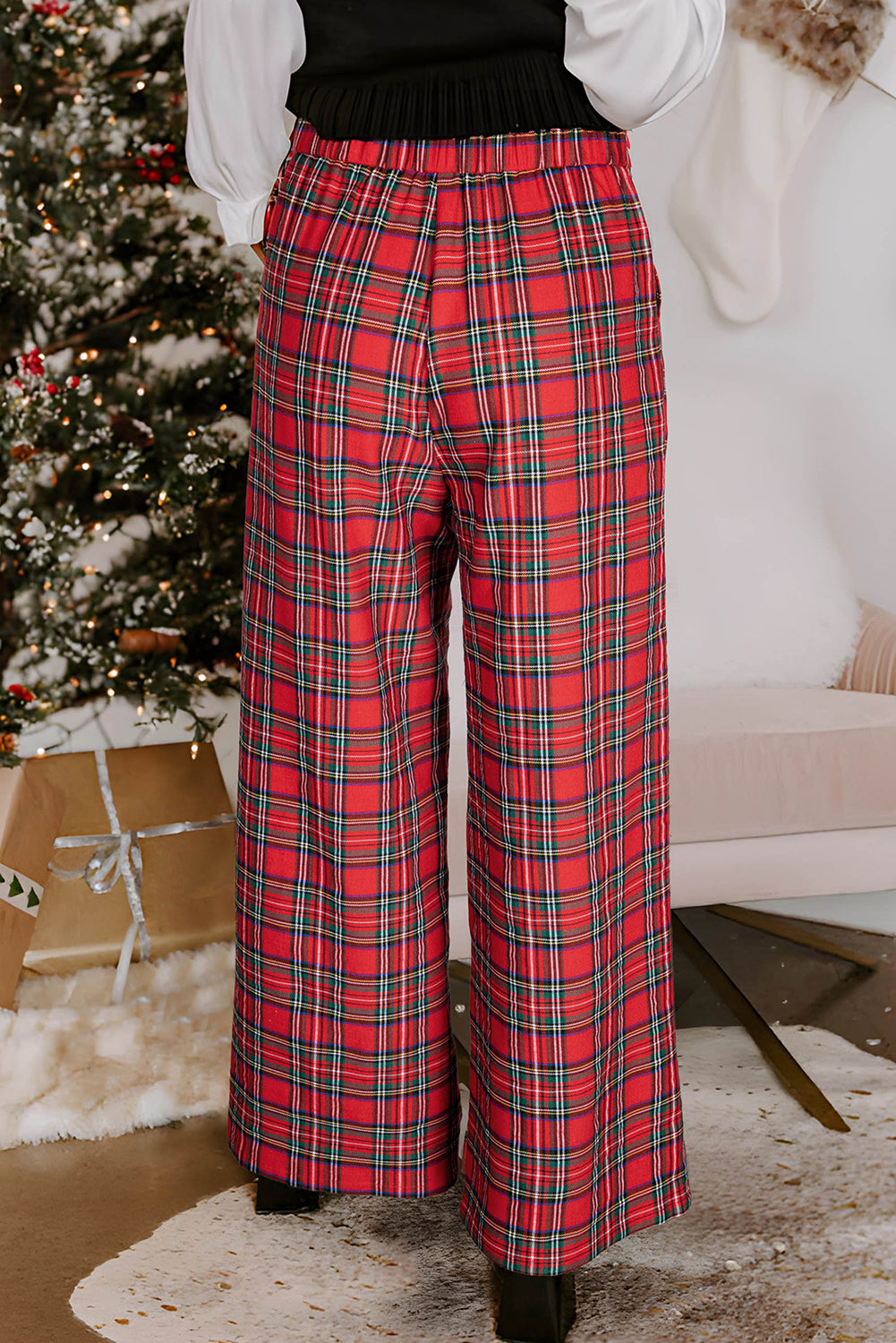 Red Festive Plaid Wide Leg Pull On Pants Red / XL / 75%Polyester+25%Cotton Red Festive Plaid Wide Leg Pull On Pants Red / XL / 75%Polyester+25%Cotton