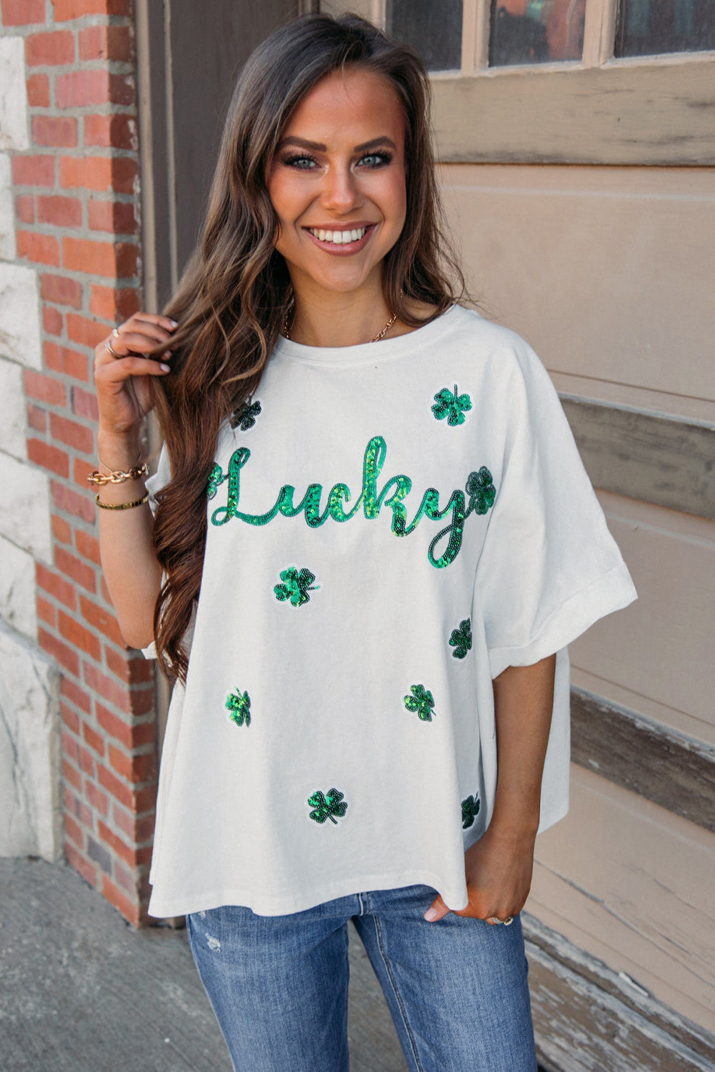 White St Patrick Lucky Clover Sequin Graphic T Shirt-T Shirts-[Adult]-[Female]-2022 Online Blue Zone Planet