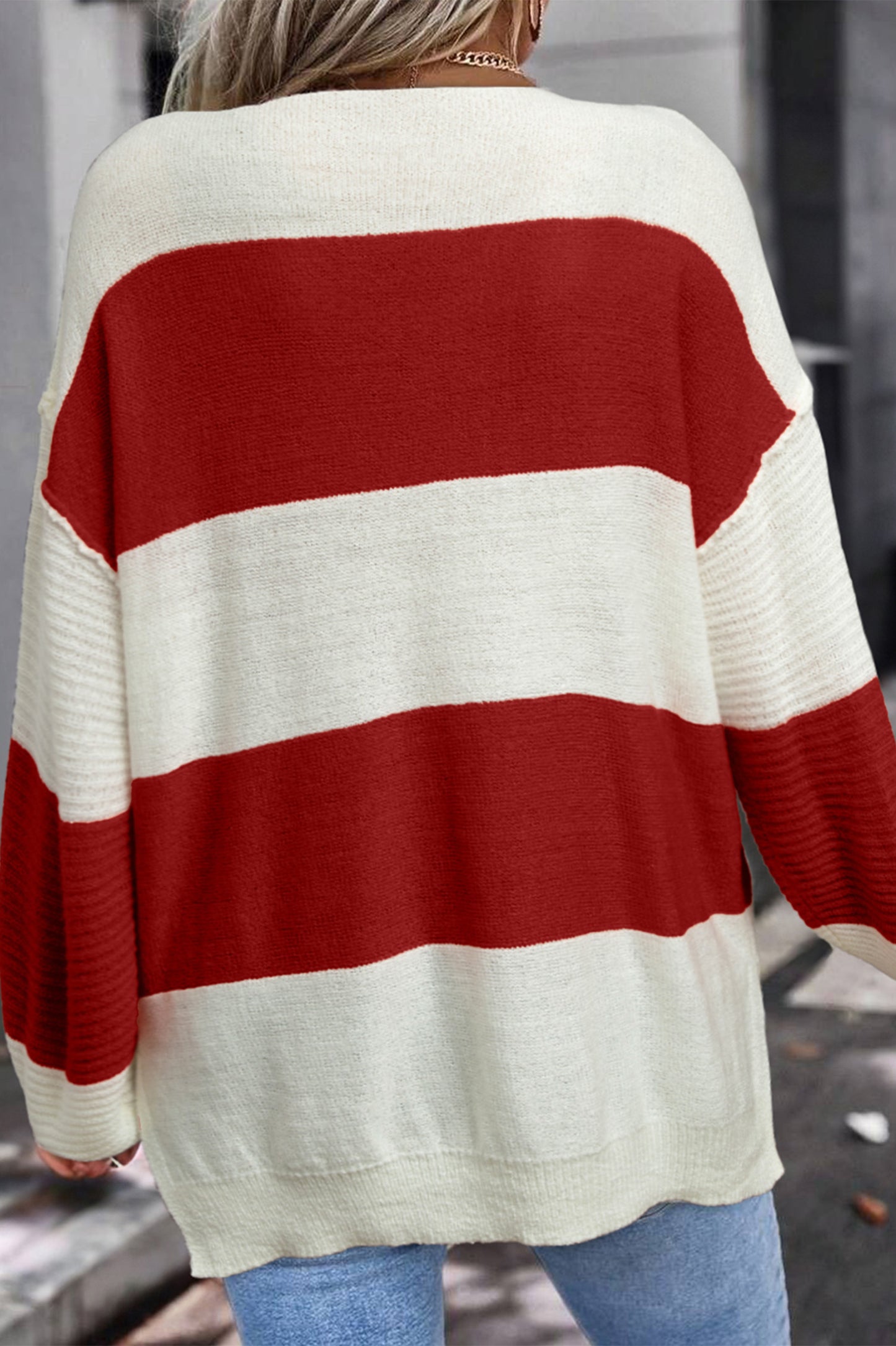 Red Stripe Loose Color Block Drop Shoulder Bubble Sleeve Sweater-TOPS / DRESSES-[Adult]-[Female]-2022 Online Blue Zone Planet